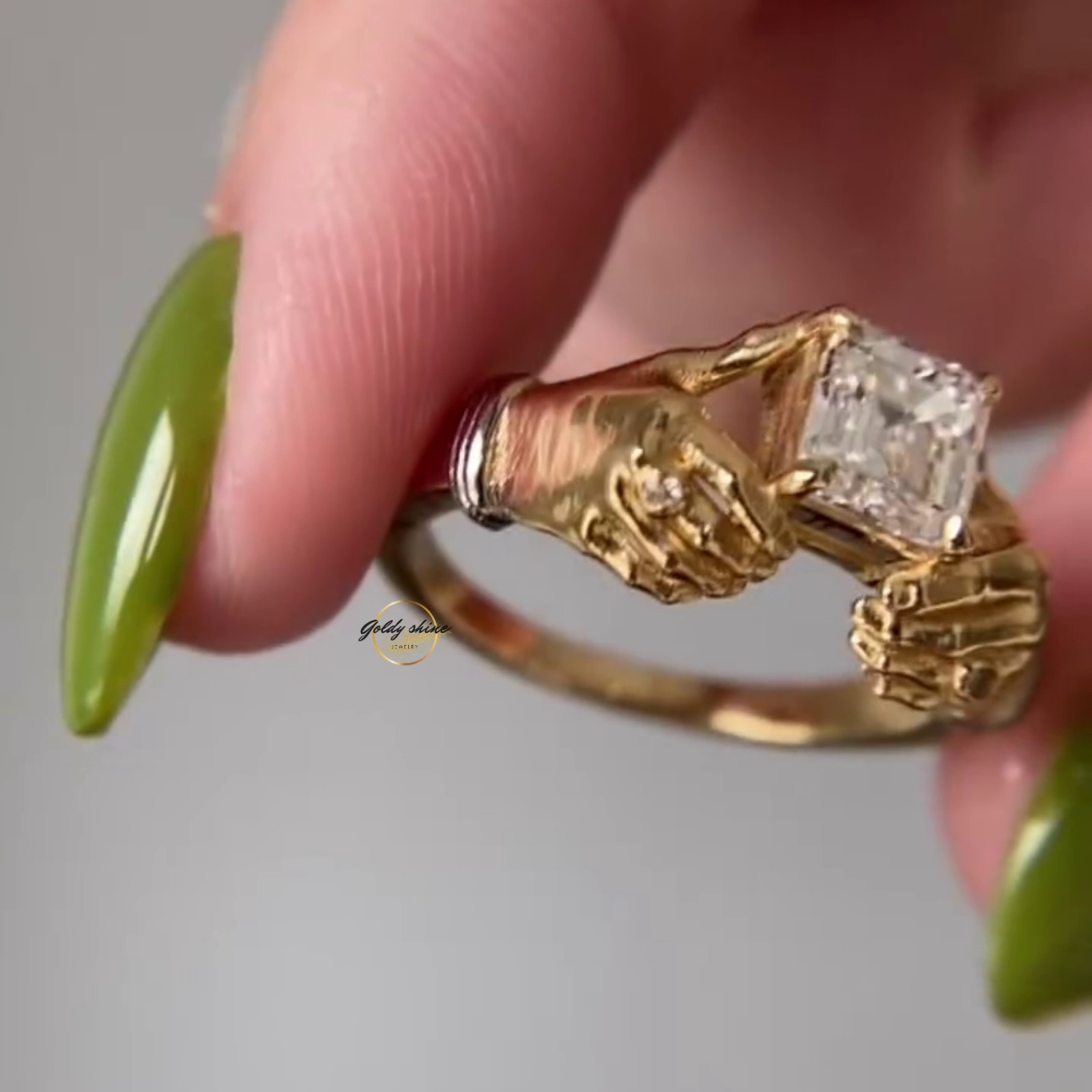 1 Ct Asscher Cut Moissanite Grasping Hands Artistic Ring 14K Yellow gold plated