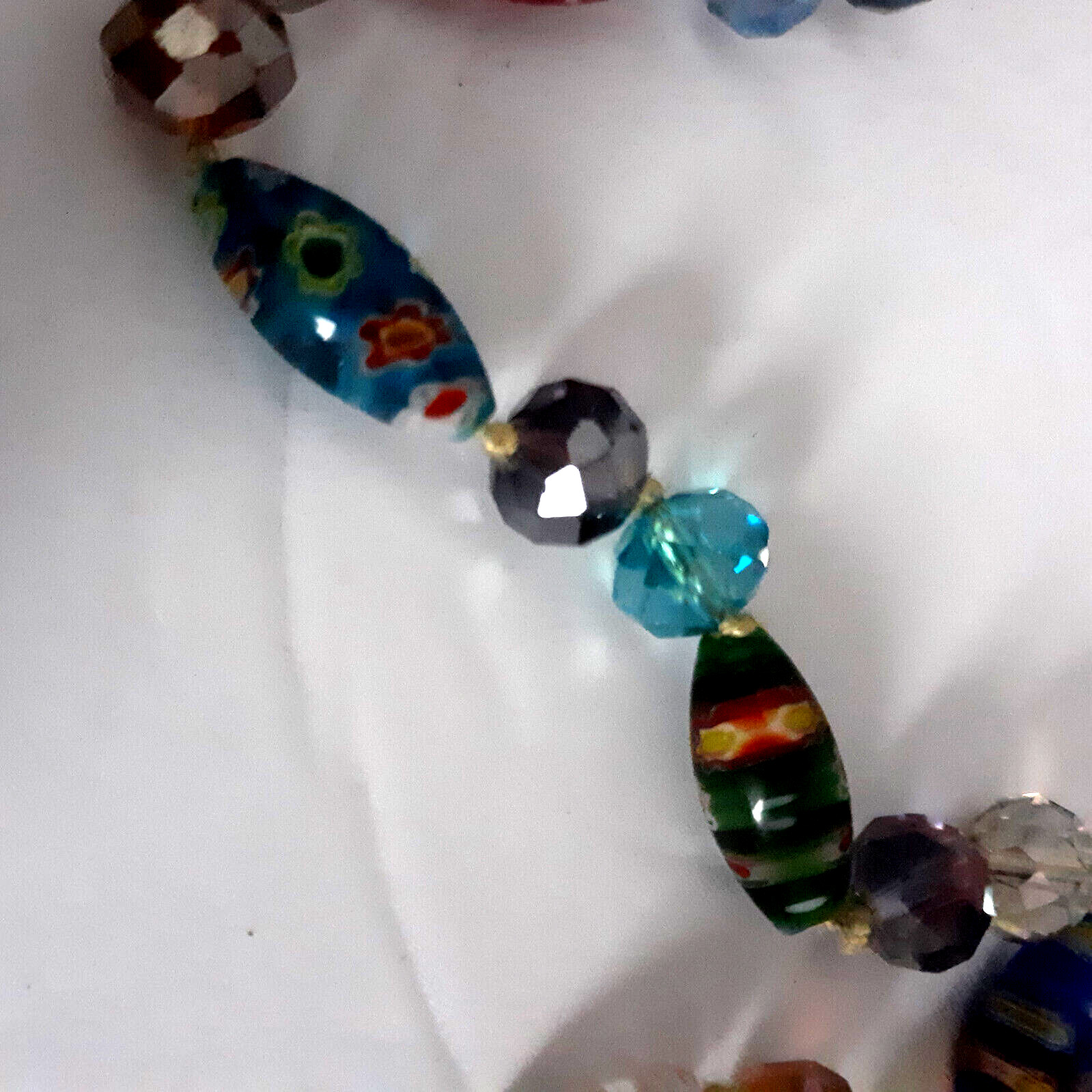 VTG Millefiori Style Art Glass Beads & Crystals Hand Knotted 25″ Stand Overhead