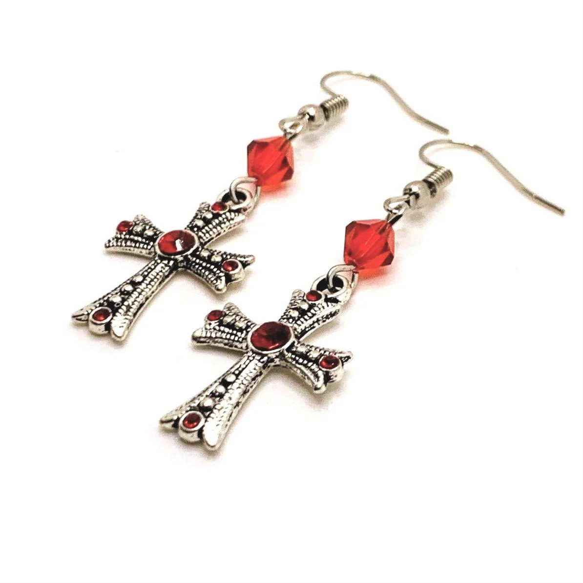 Red Rhinestone Gothic Cross Earrings – US Seller