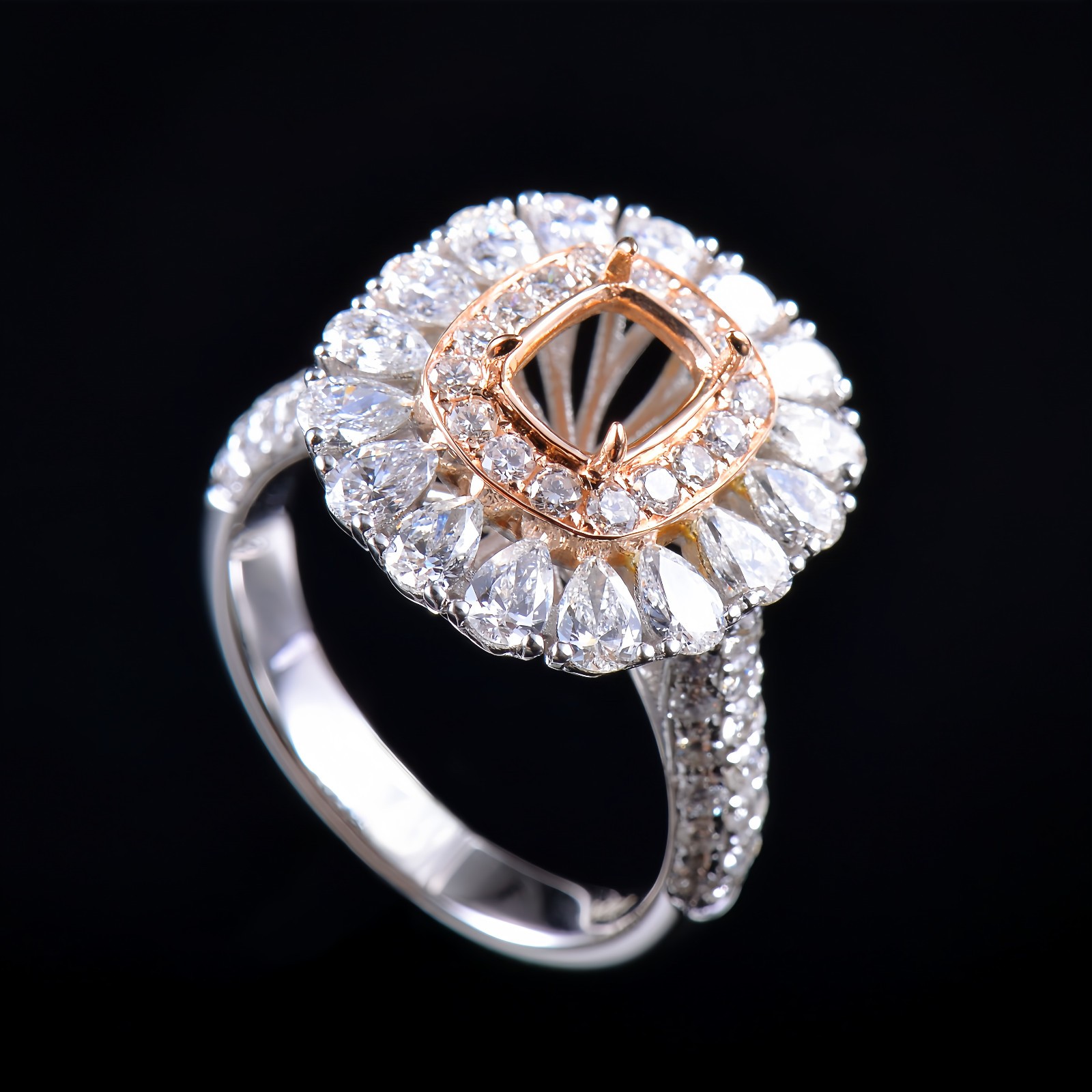 Custom Natural Diamond Semi Mount Women Ring Solid 14K 2-Tone Gold Cushion 7×5mm
