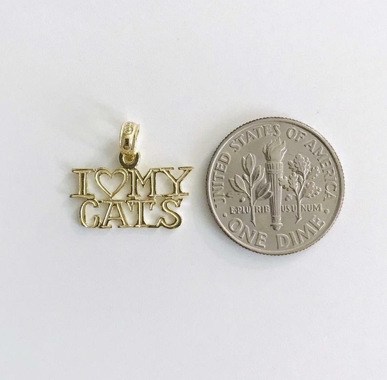 10K Solid Gold I Love My Cats Charm-14mm x 16mm Small 10K Gold Cat Pendant-C3520