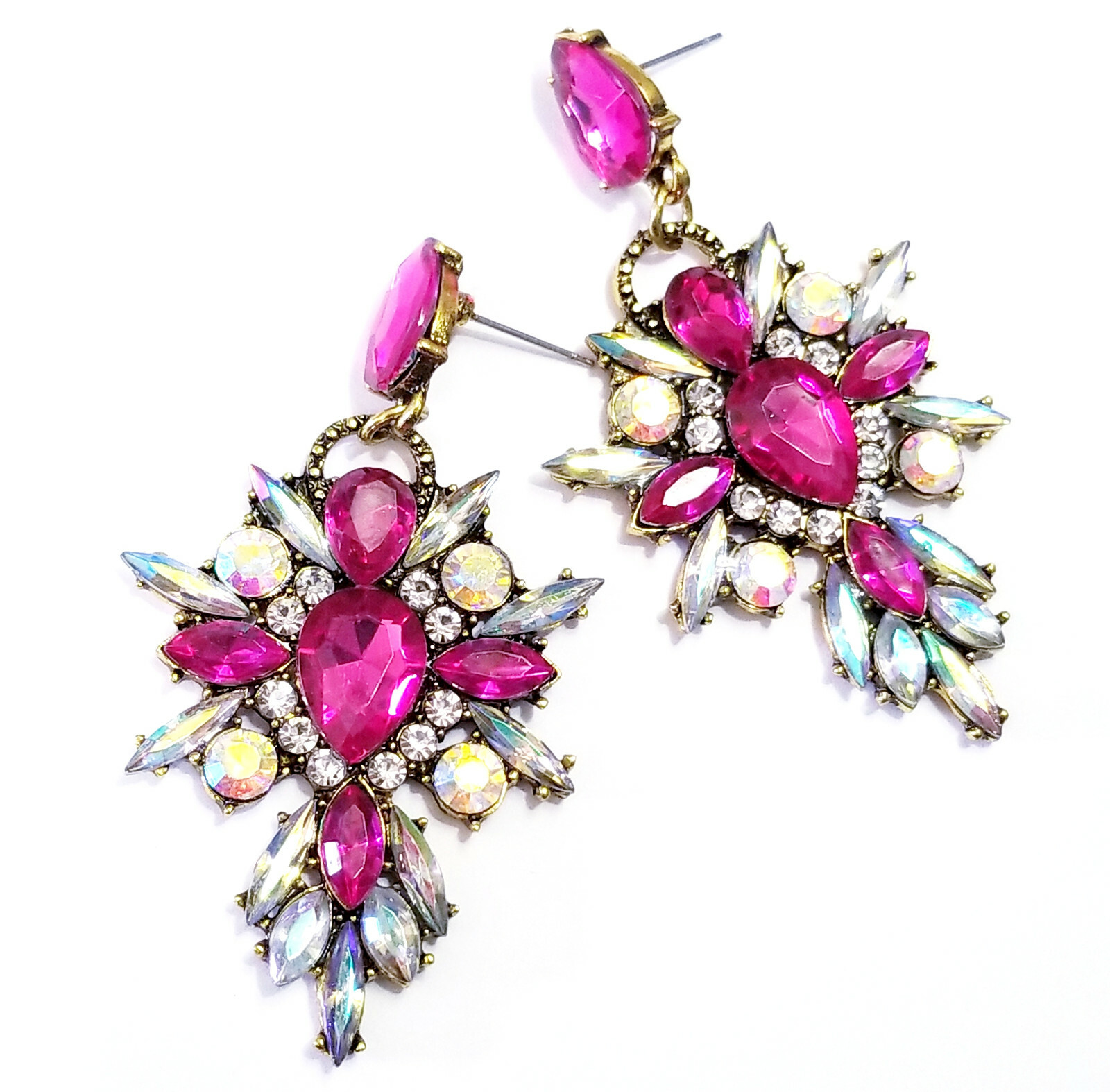 Chandelier Earrings Pink Rhinestone Crystal 2.8 in