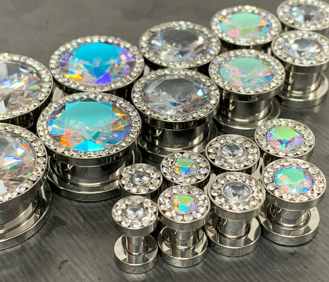 PAIR Large CZ Gem Rimmed 316L Surgical Steel Screw Fit Plugs Tunnels Gauges