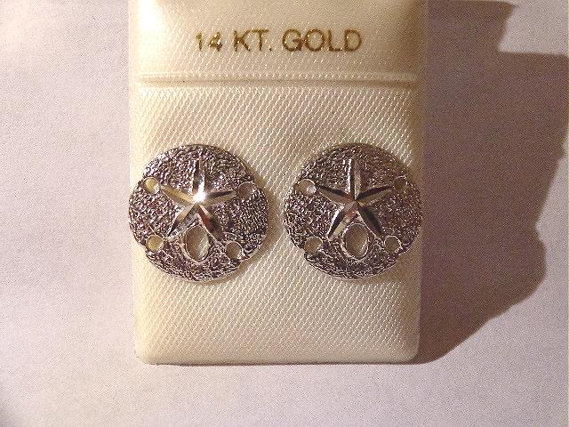 13mm Hawaiian 14k White Gold High Polish DC Textured Sand Dollar Stud Earrings