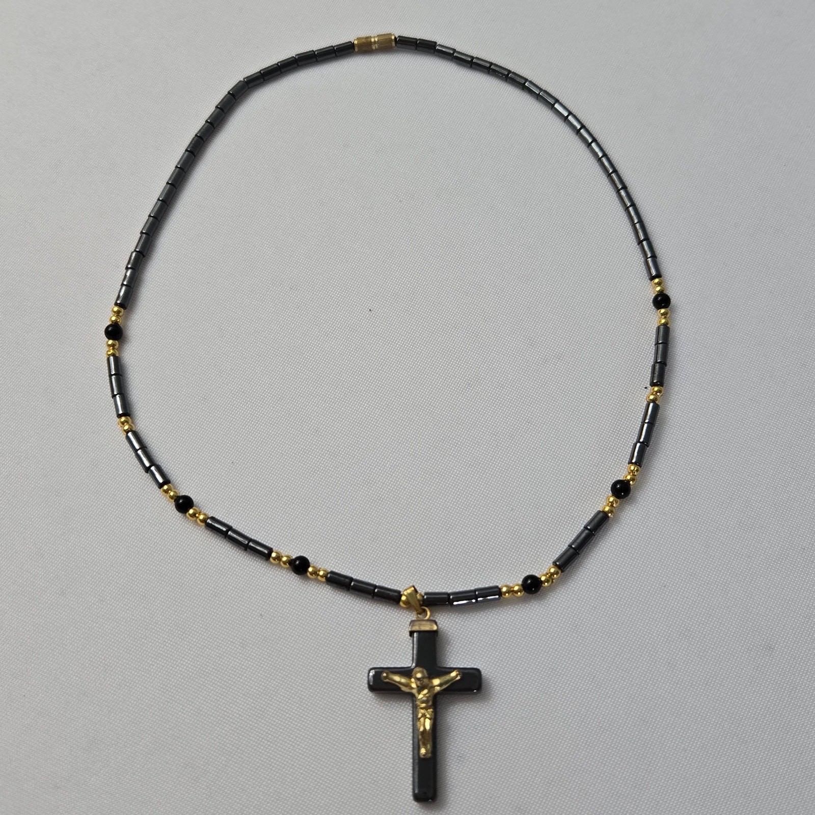 Vintage Cross Necklace Gray Black and Gold Beaded with Gold Jesus Pendant