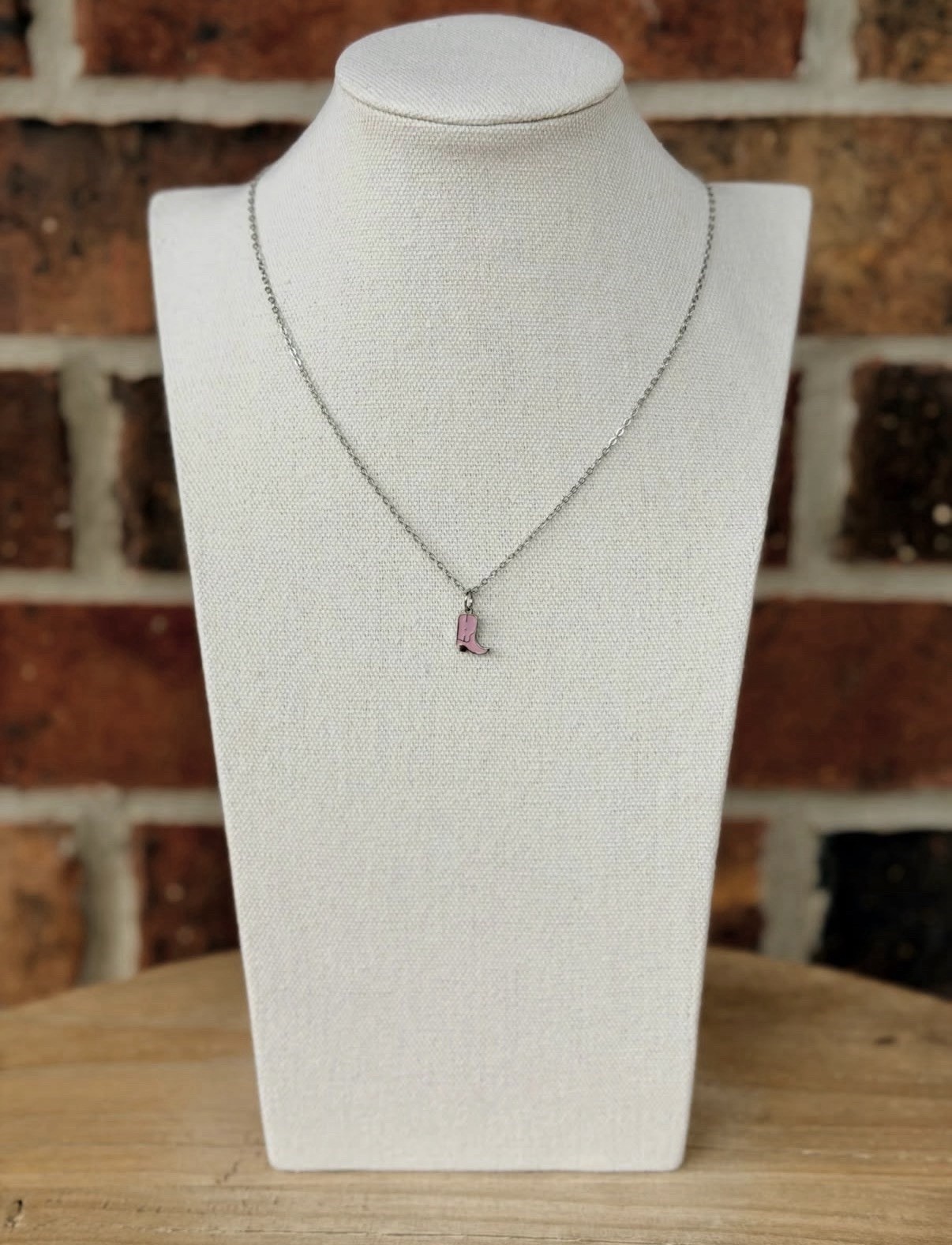 Pink Cowgirl Stainless Steel Boot Charm Necklace