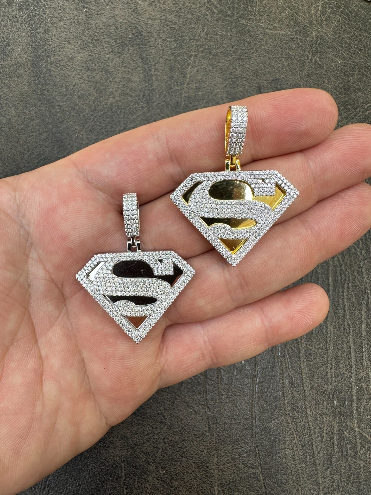 MOISSANITE Real 925 Silver/Gold Plated Iced SUPERMAN Logo Out Pendant Necklace