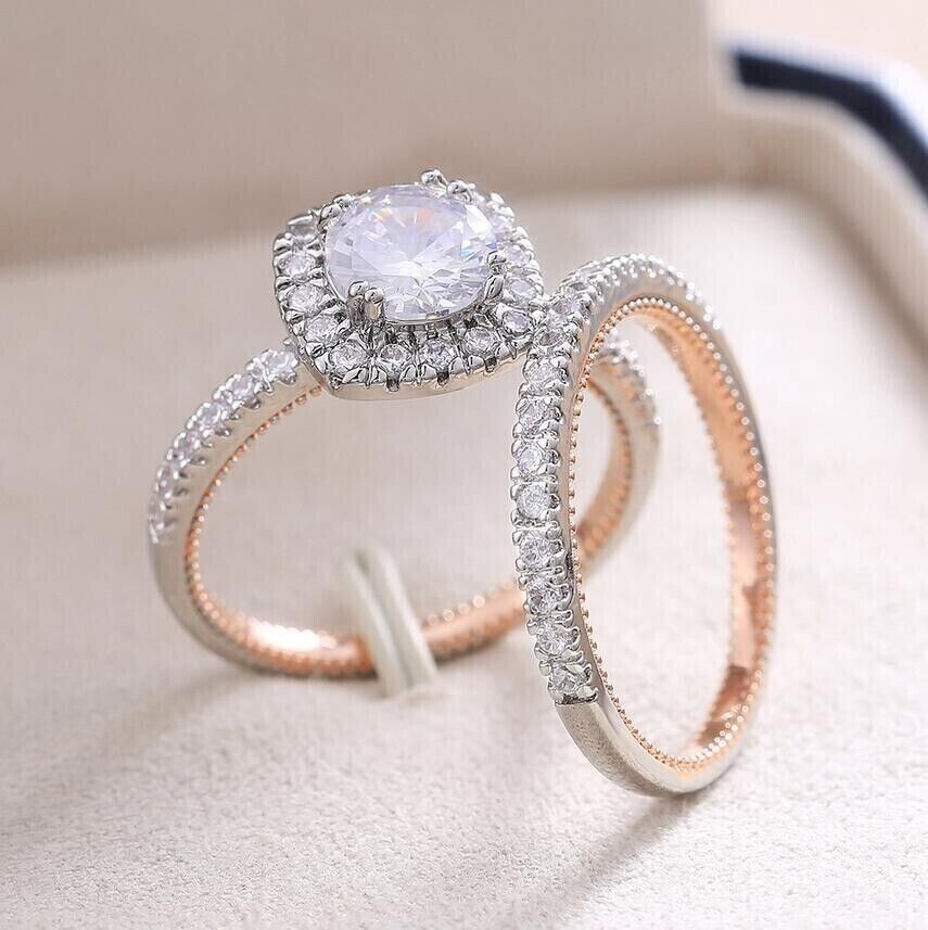1.20Ct Round Cut Simulated Diamond Bridal Set Band Ring In 14K Rose Gold Plated