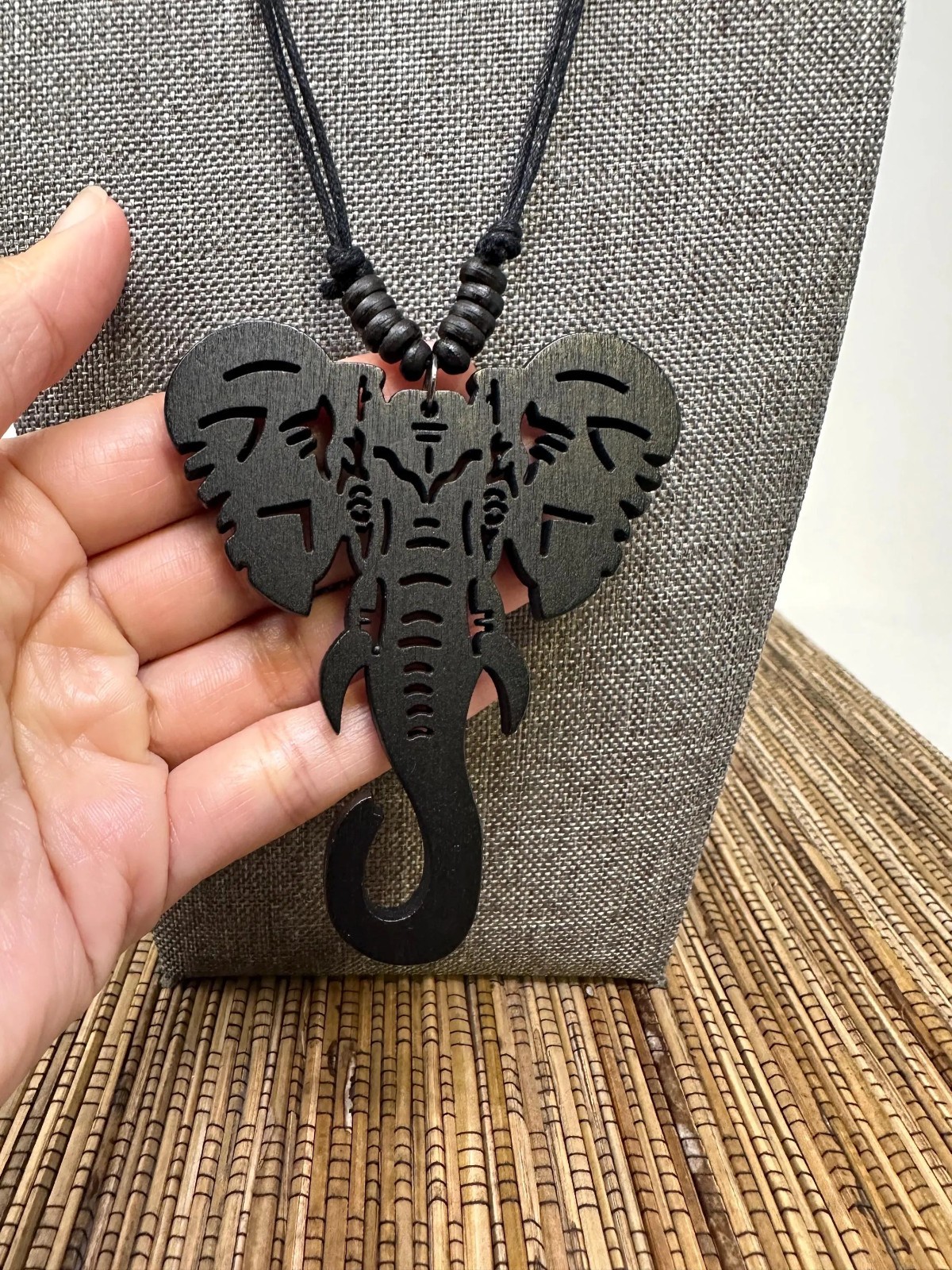 Black Elephant Necklace – Handmade Tribal Wooden Pendant | Adjustable Unisex
