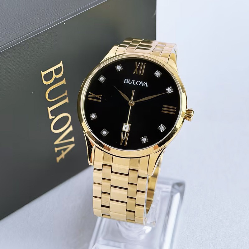 Bulova Men’s Classic 97D108 Diamond Black Dial Gold Bracelet Quartz Watch 40mm