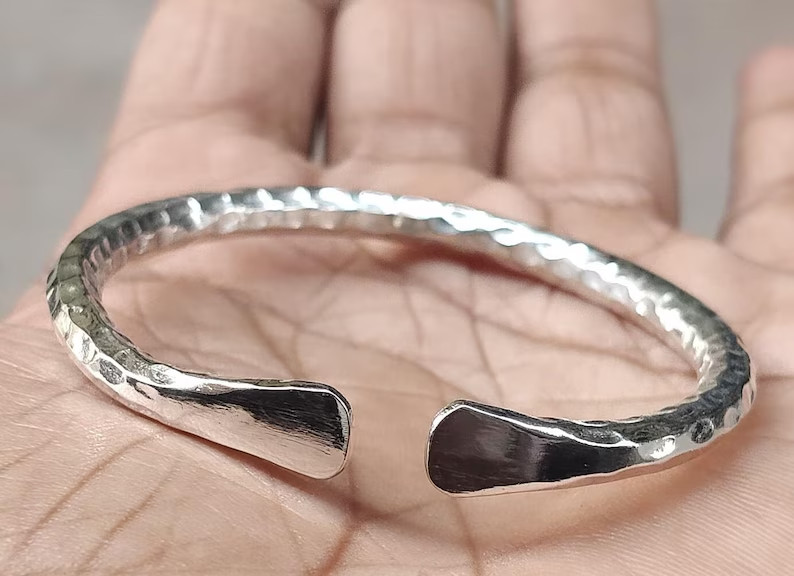 Hammered Round Bangle Open Cuff 925 Sterling Silver 5mm Thic Mens Bangle 7.5Inch
