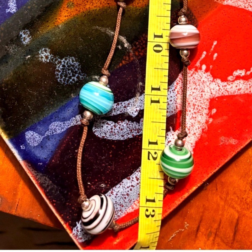 Boho Swirl Glass Bead Cord Necklace Adjustable Brown Knotted Multi Color Striped