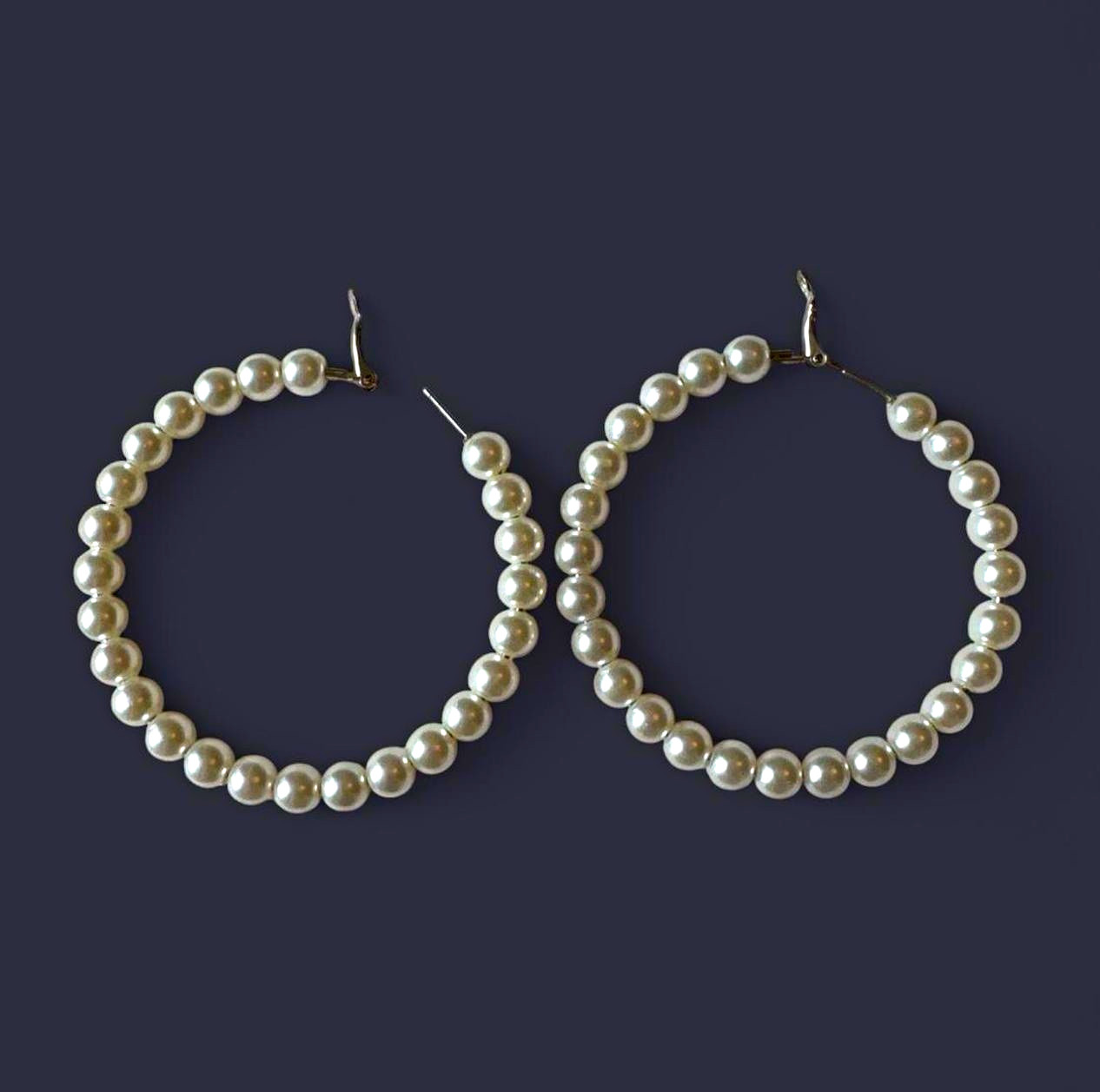White Simulated Pearl Beaded Hoop Earrings, Round, Latch Back Closure