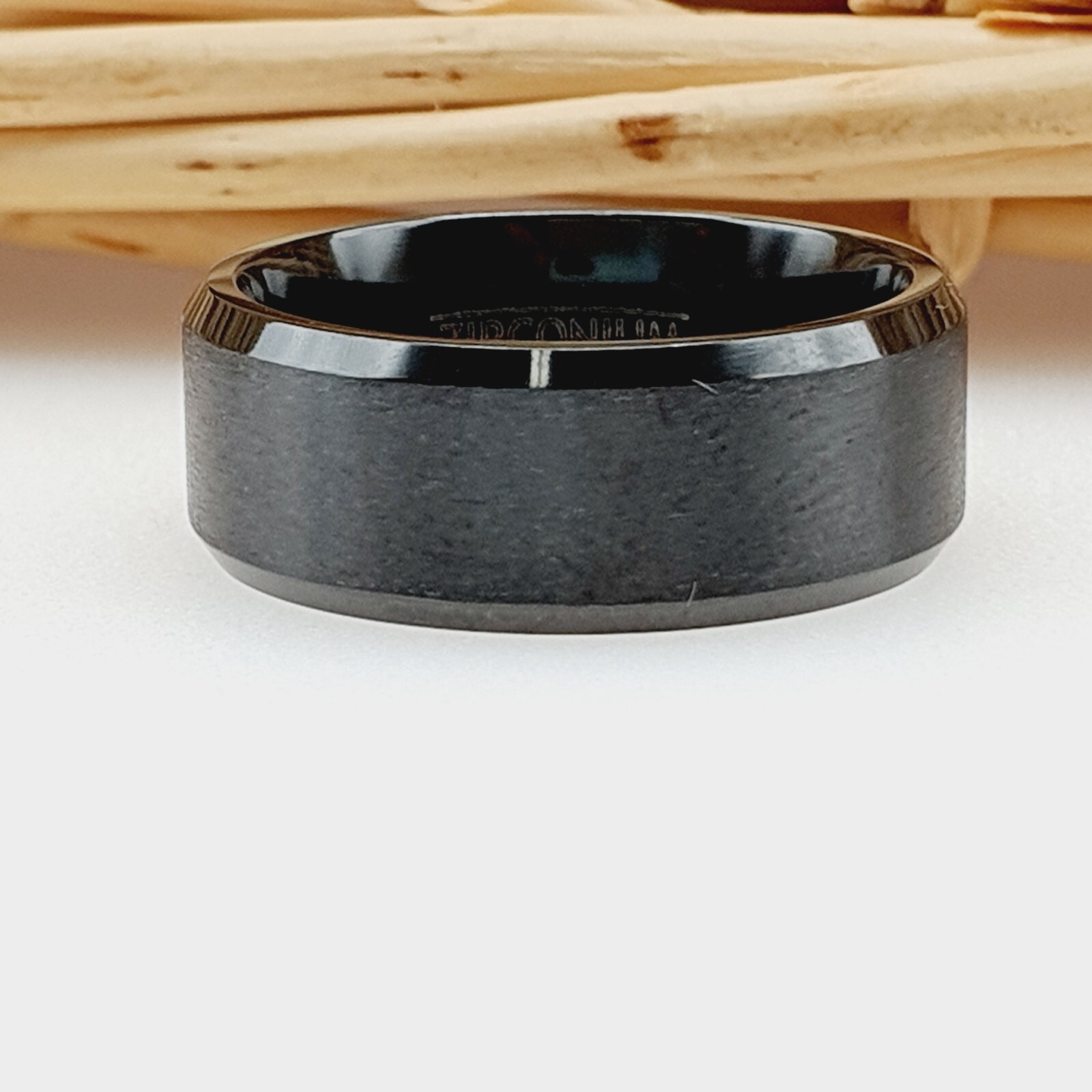 Men’s Black Zirconium Wedding Band – Flat High Polished Beveled Ring