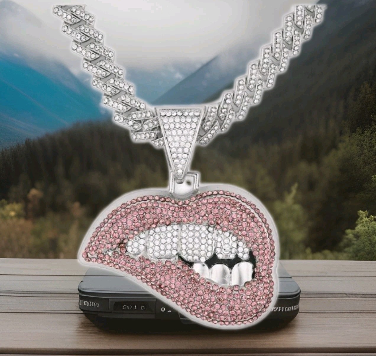 NEW Invicta Elements Lip Service Iced Out Pendant & Chain 21.65in Silver Tone