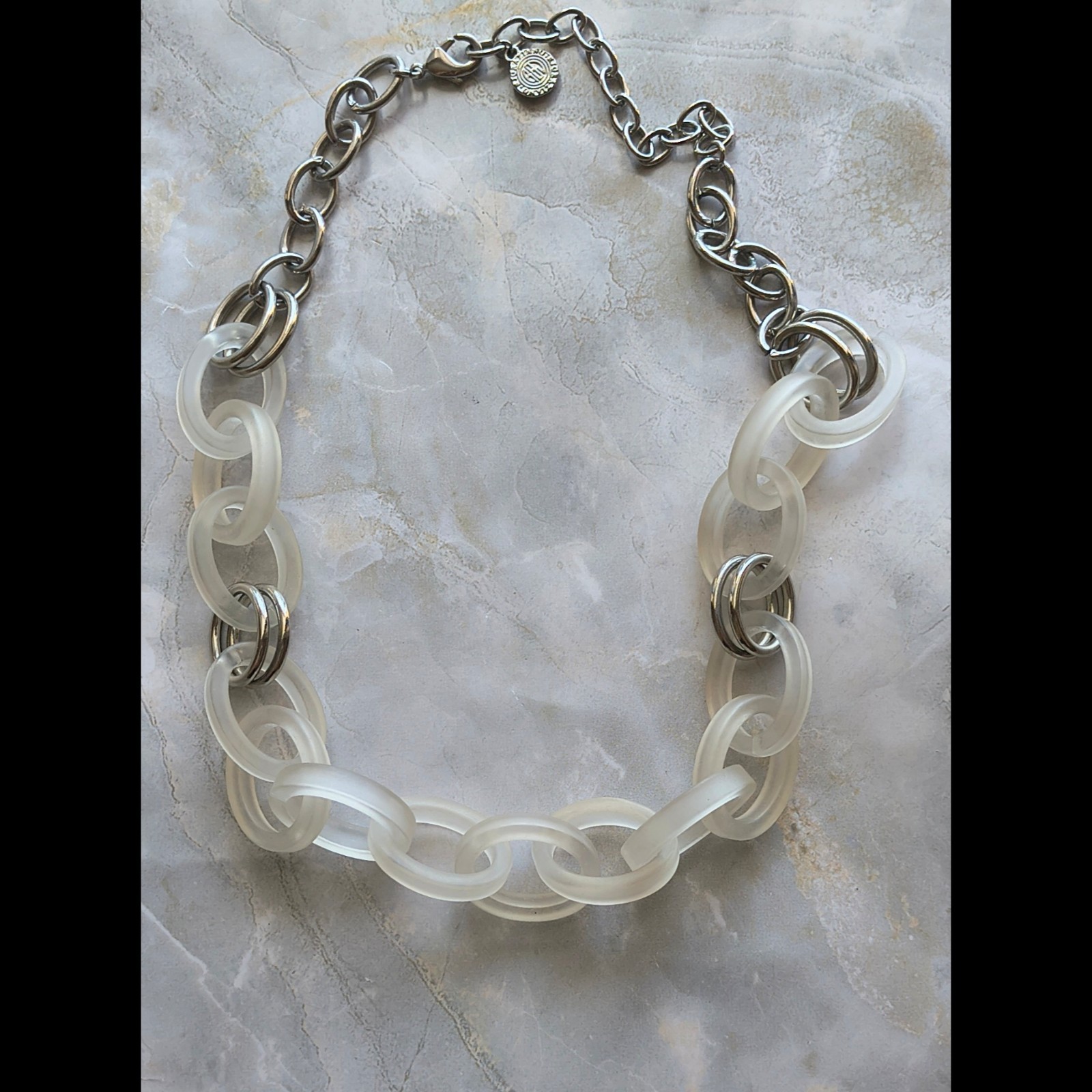 RJ Graziano Frosted Lucite Acrylic Link Chain Necklace Chunky Modern Silver Tone
