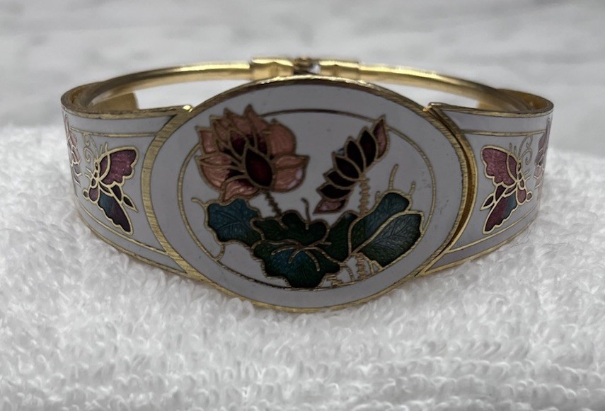 Vintage Butterfly Cloisonné Hinged Clamper Bracelet White Blue Floral 7.5”