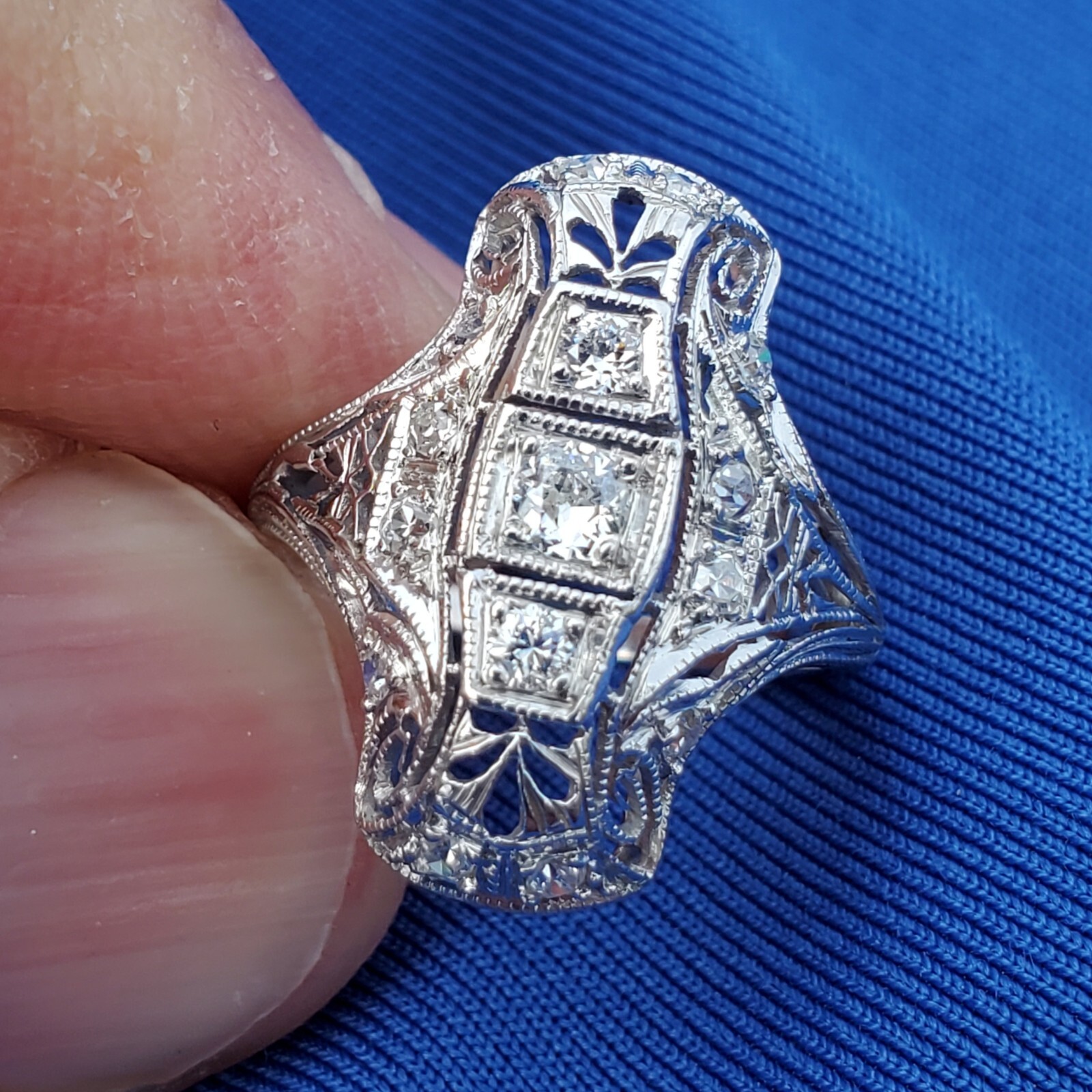 Originbal EARTH MINED DIAMOND ART Deco Engagement Ring Antique PLATINUM Filigree