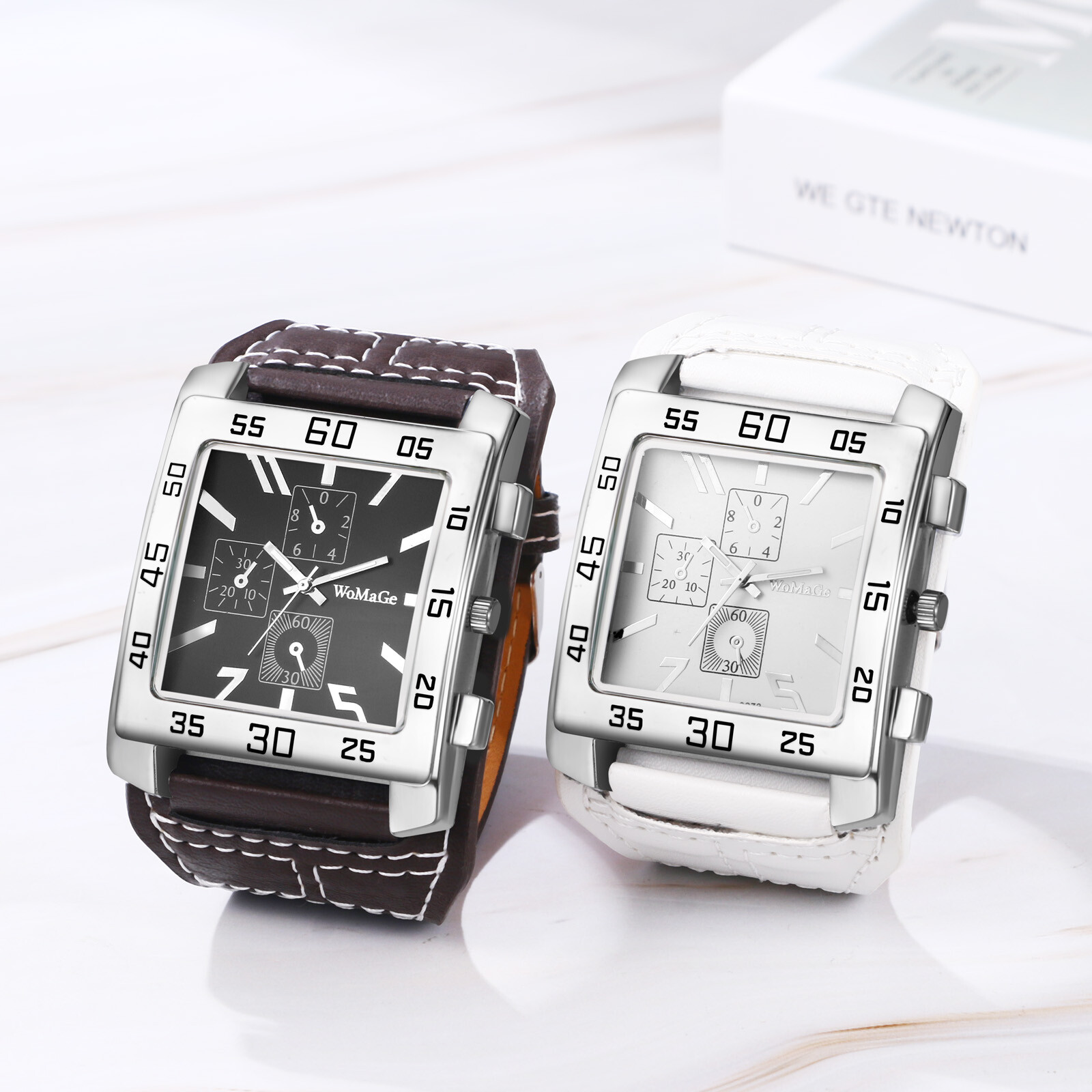 Mens Punk Wide Leather Cuff Band Big Square Dial Analog Quartz Biker Wrist Watch