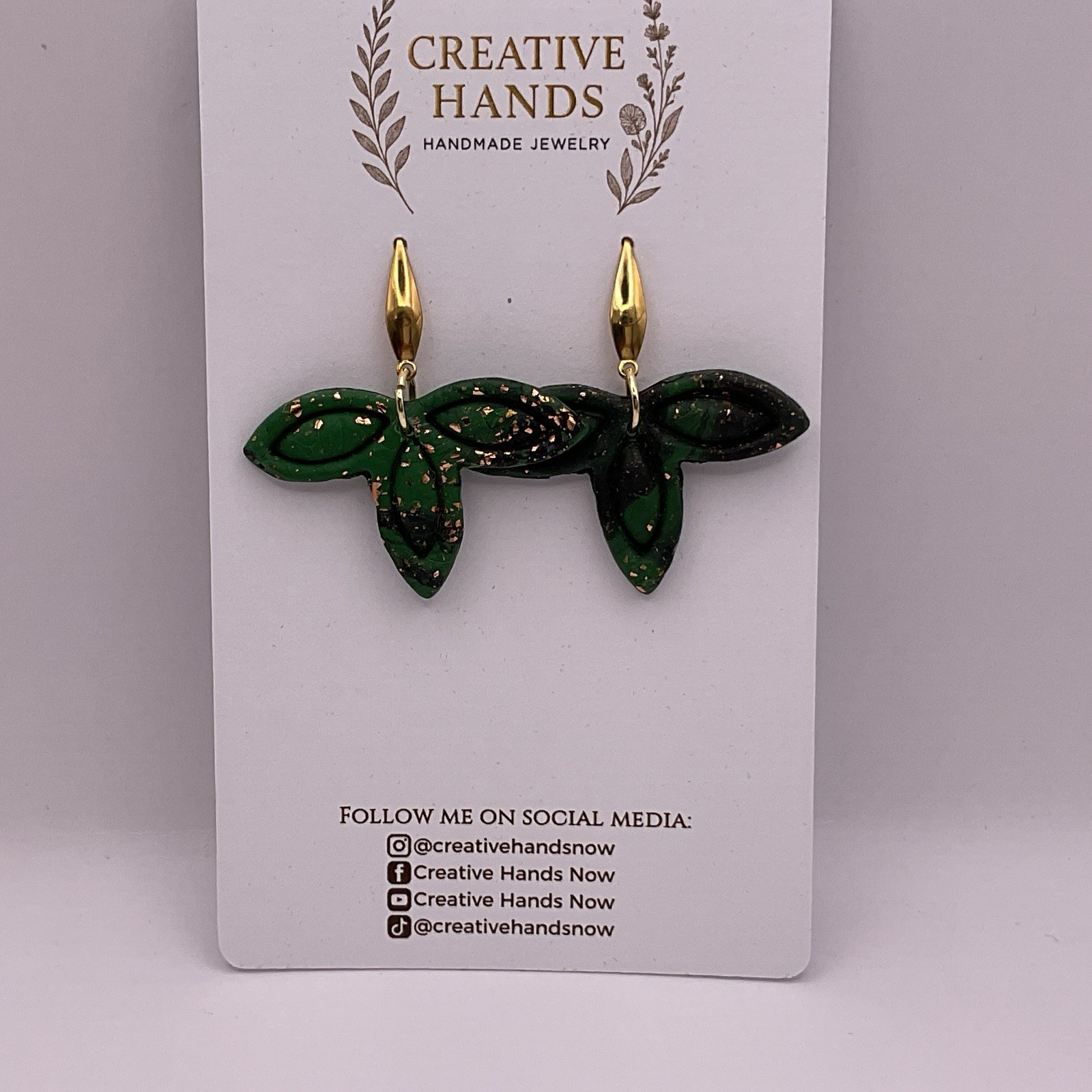 Handmade Green Leaf Earrings Copper Gold Flake Polymer Clay Nature Dangle.