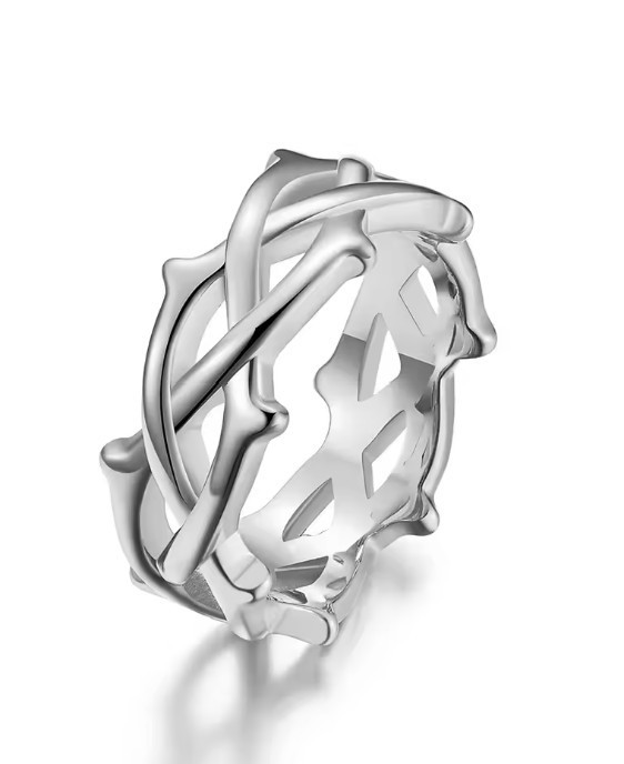 Silver Stainless Steel Crown of Thorns Ring (Size 7-12)