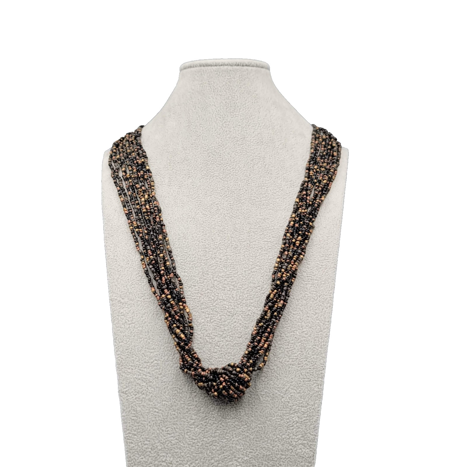 Black Brown Gold tone Seed Beads Necklace 10 Strands Knot Long 32″