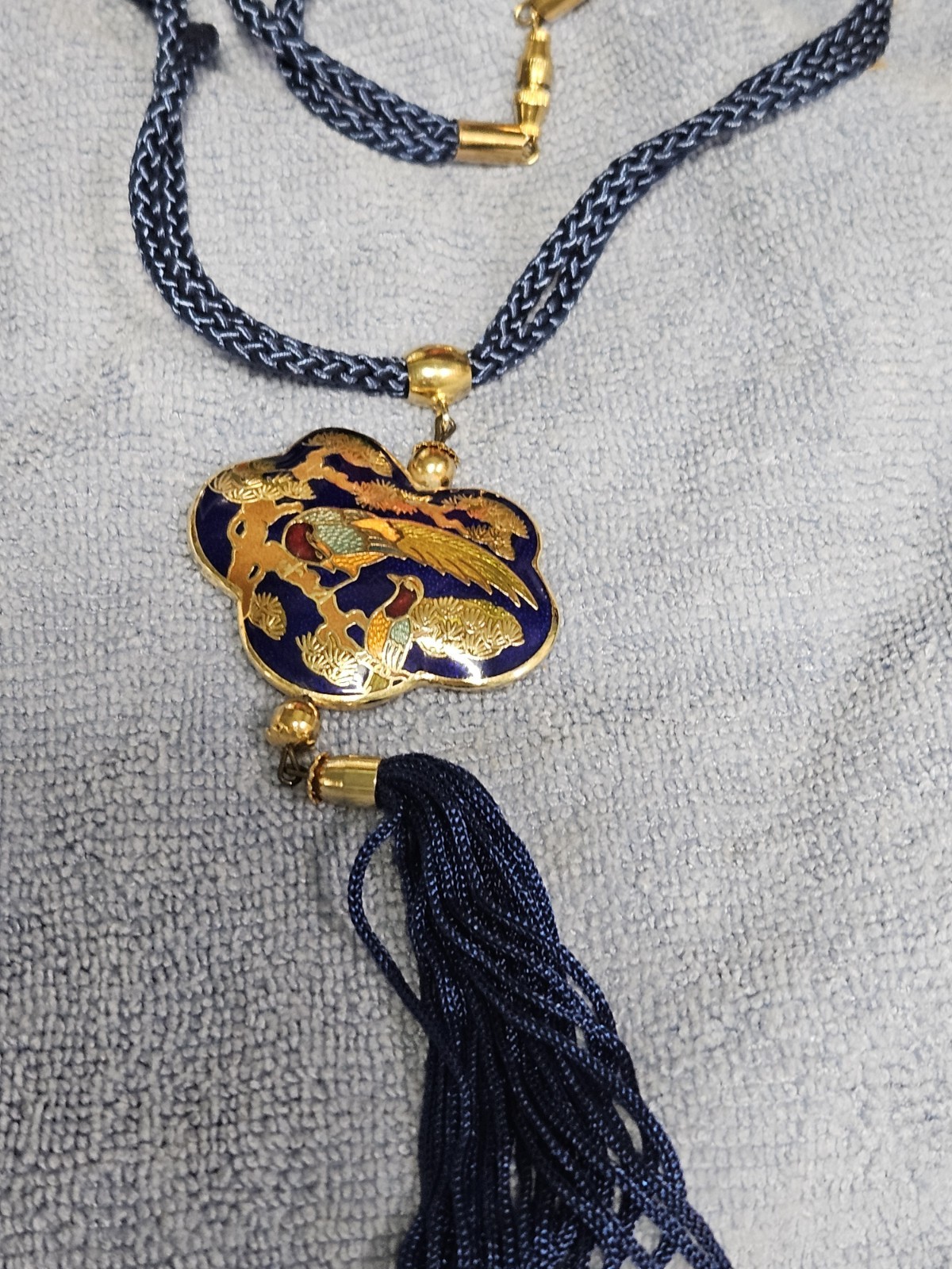 Vintage Cloisonne Gold Tone Peacock Pendant & Necklace 24″ Double Cord