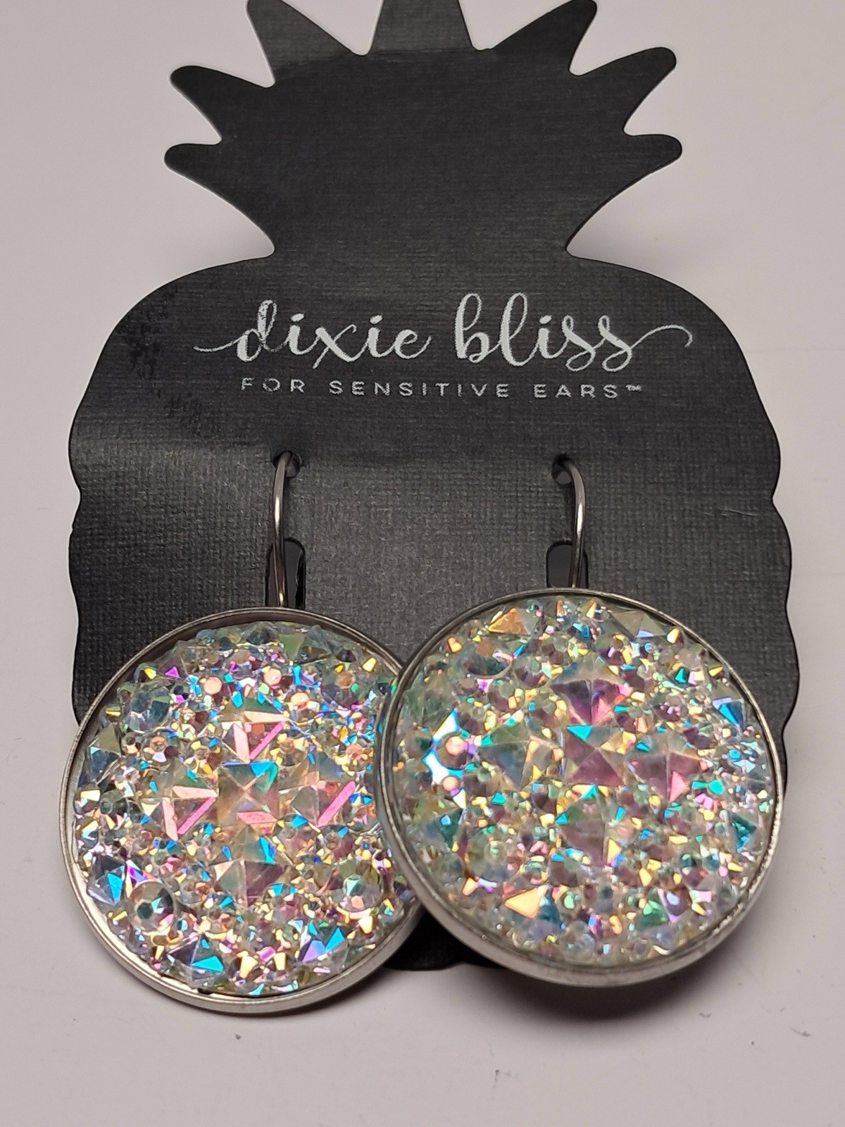 Dixie Bliss AB Druzy Crystal Statement Earrings Silver Tone Leverback