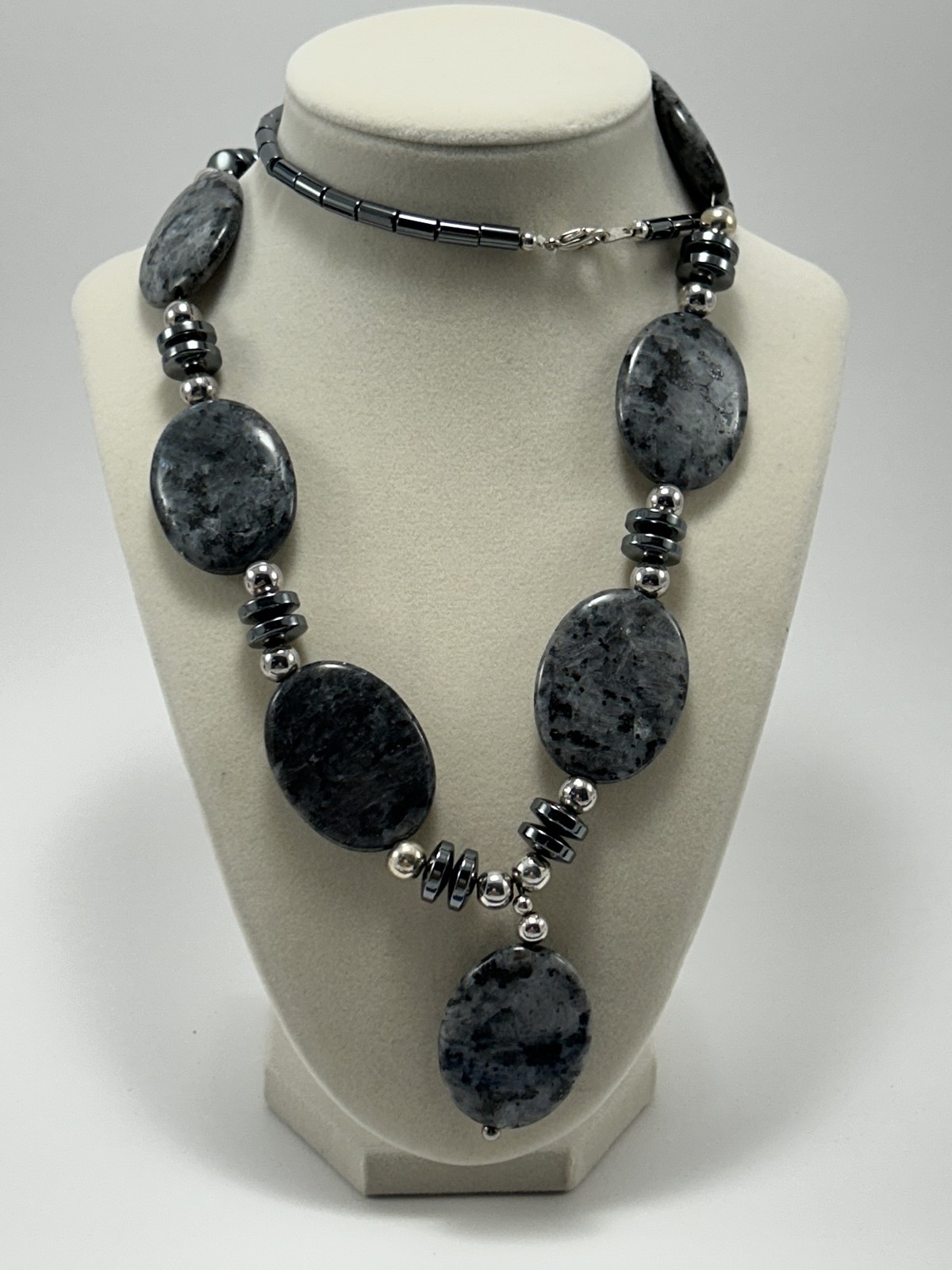 Larvikite Labradorite Hematite Silver Beaded Necklace Handmade Blue Flash Oval