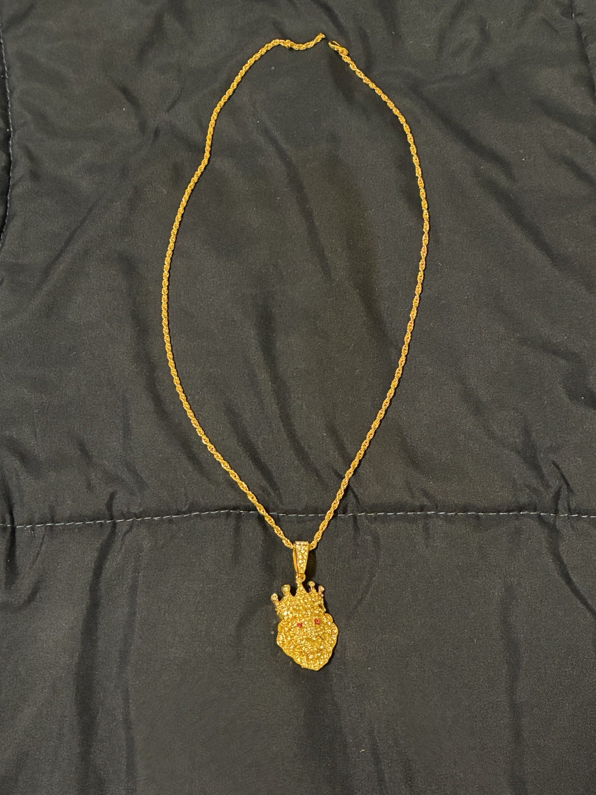 Gold Tone Rope Chain Lion Head Crown Pendant Pavé Clear Crystal 23.62in