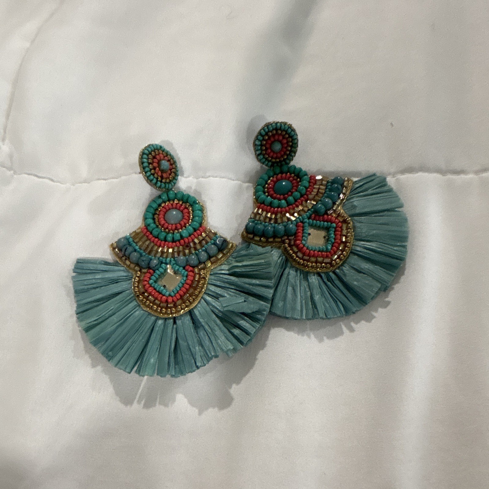 Colorful Bohemian Raffia Fan Tassel Statement Earrings