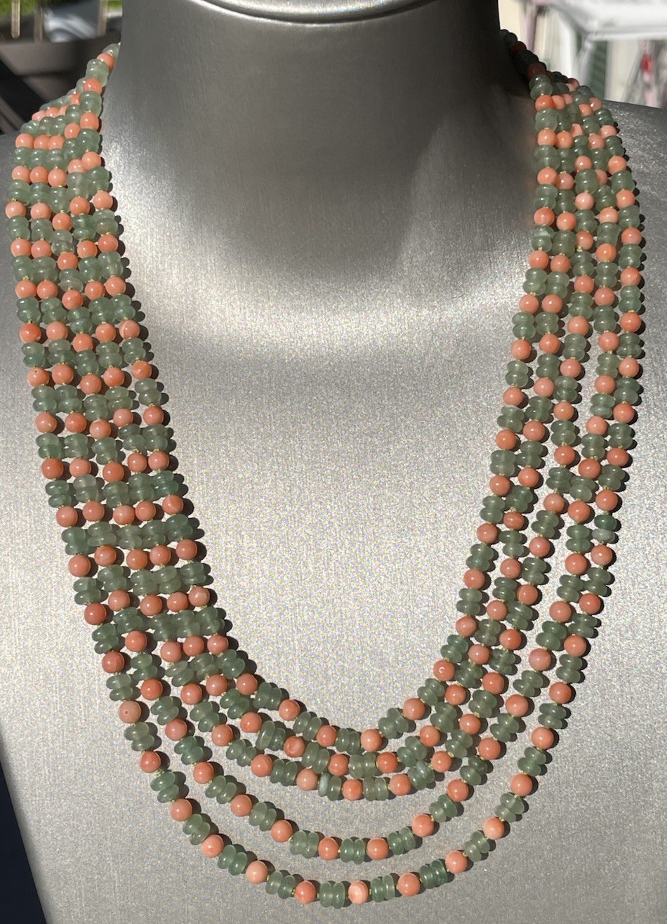Multifilament Aventurine And Pink Coral Necklace