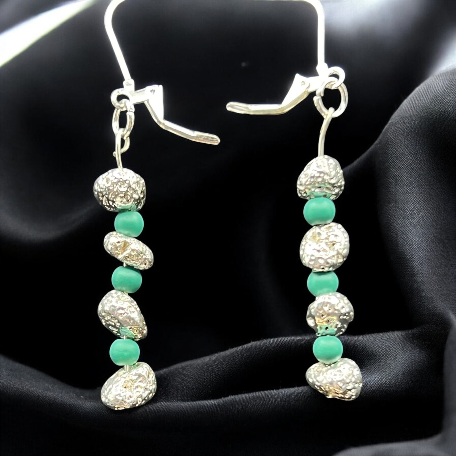 Boho silver lava and turquoise colored 2.5″ earrings