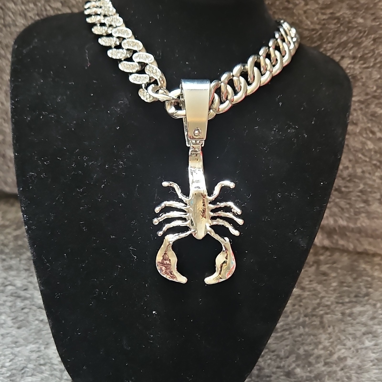 Silver Tone Cuban Link Chain Necklace w/ Pavé Clear Crystal Scorpion Charm