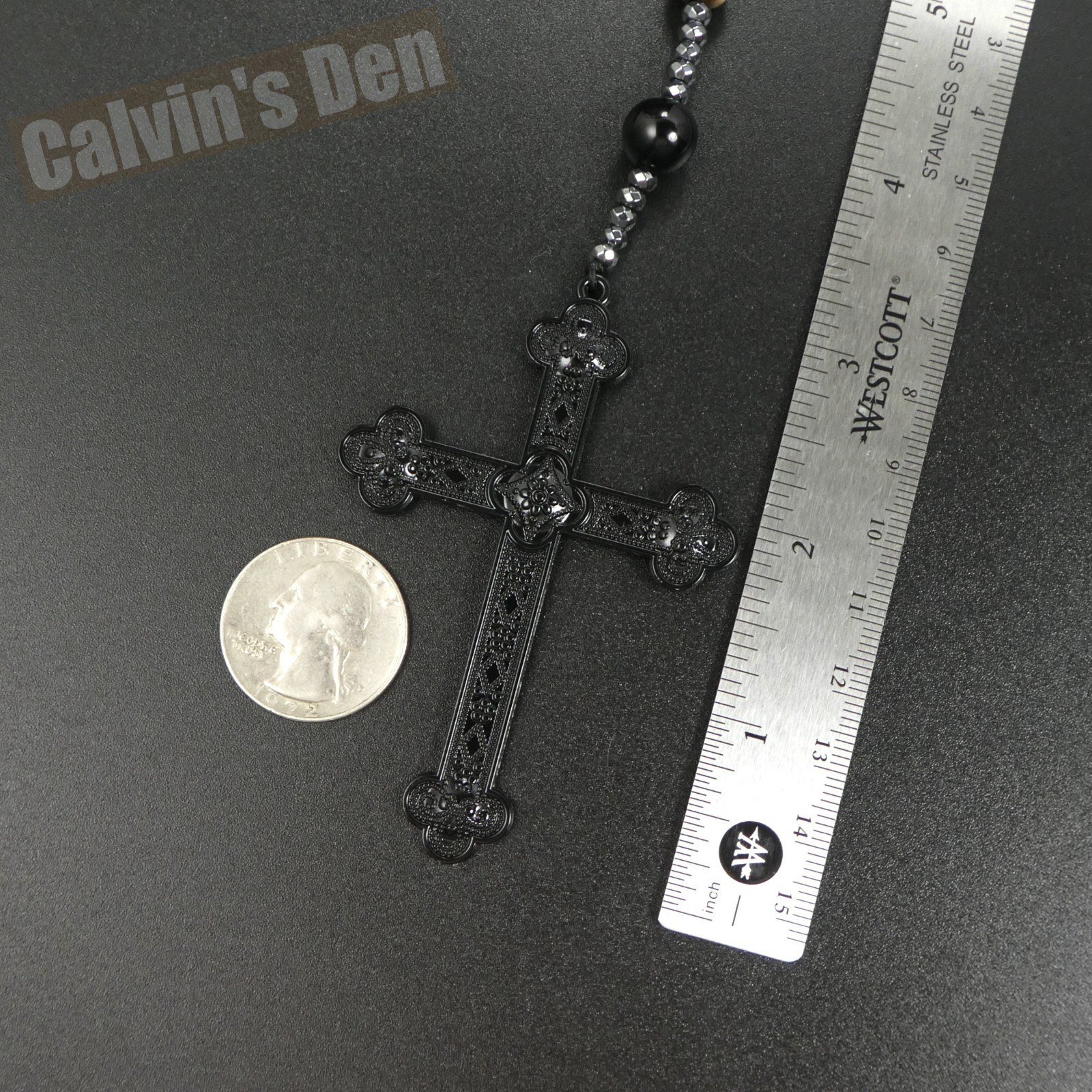 Tiger Eye Black Onyx Beads Gothic Punk Rock Cross Rosary Necklace Heavy Men Gift