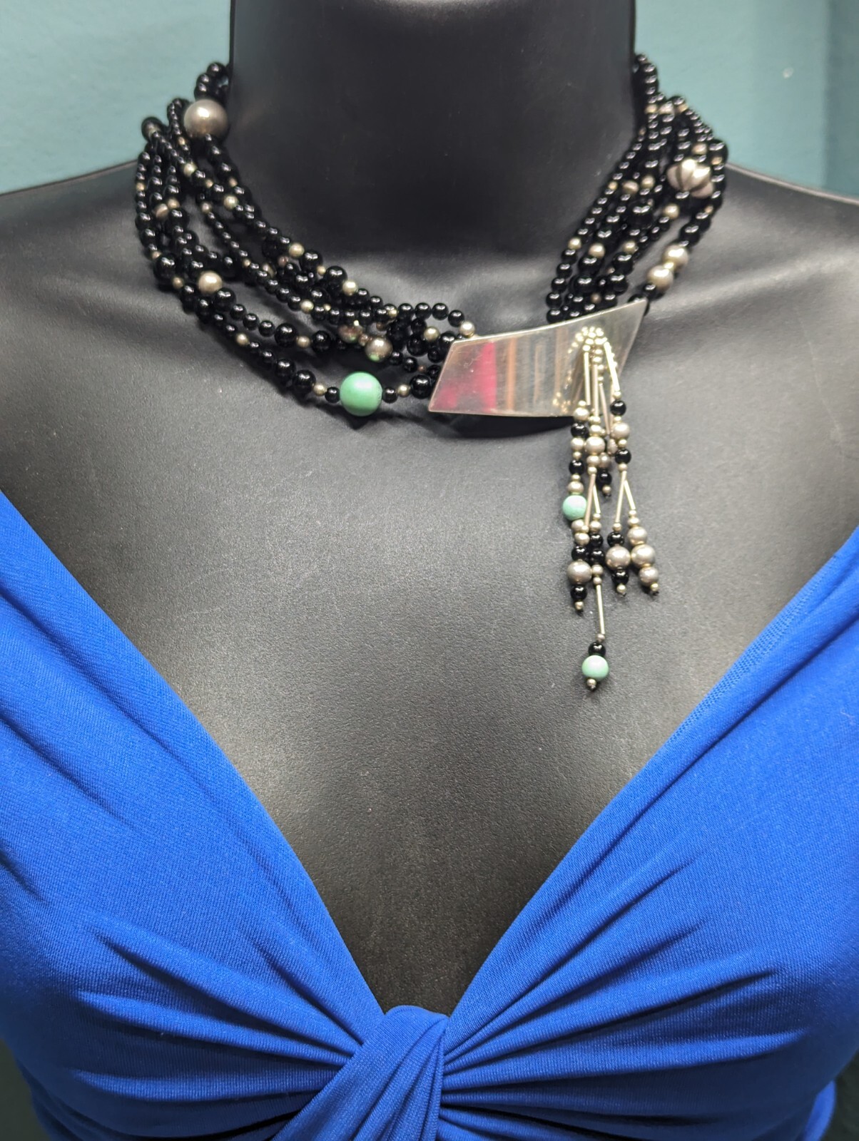 SUSAN CUMMINGS Sterling 3 Multi Strand Black Onyx Bead Necklace Pendant Signed