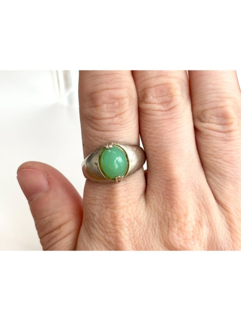 Green Chrysoprase Cabochon Oval Sterling Silver 925 Vintage Ring – sz 9.25