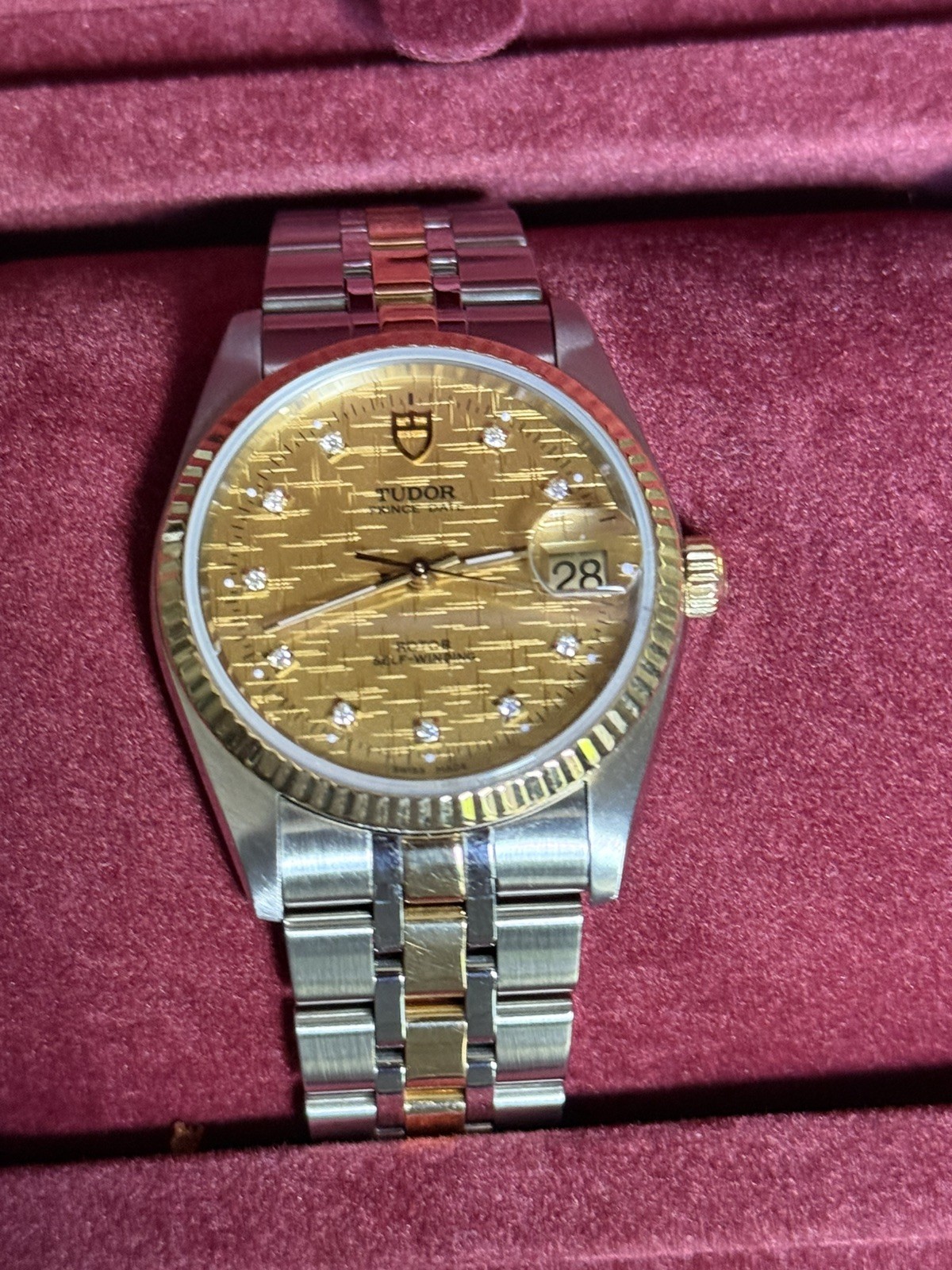 Tudor Prince Date 18K Gold & SS Gold Linen Diamond Dial Auto Watch 74033 w/ B&P