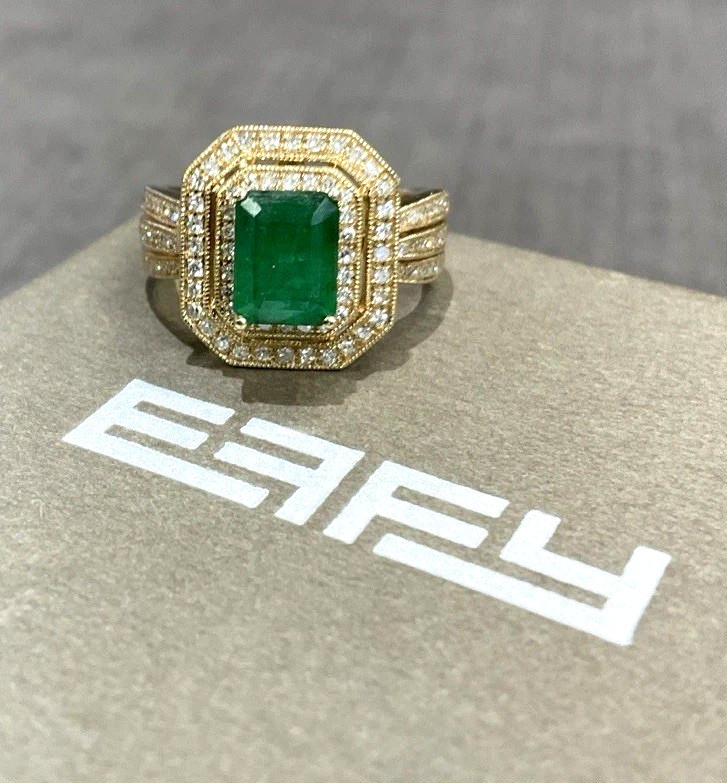 EFFY Emerald Diamond Double Halo 14k Yellow Gold Ladies Cocktail Ring