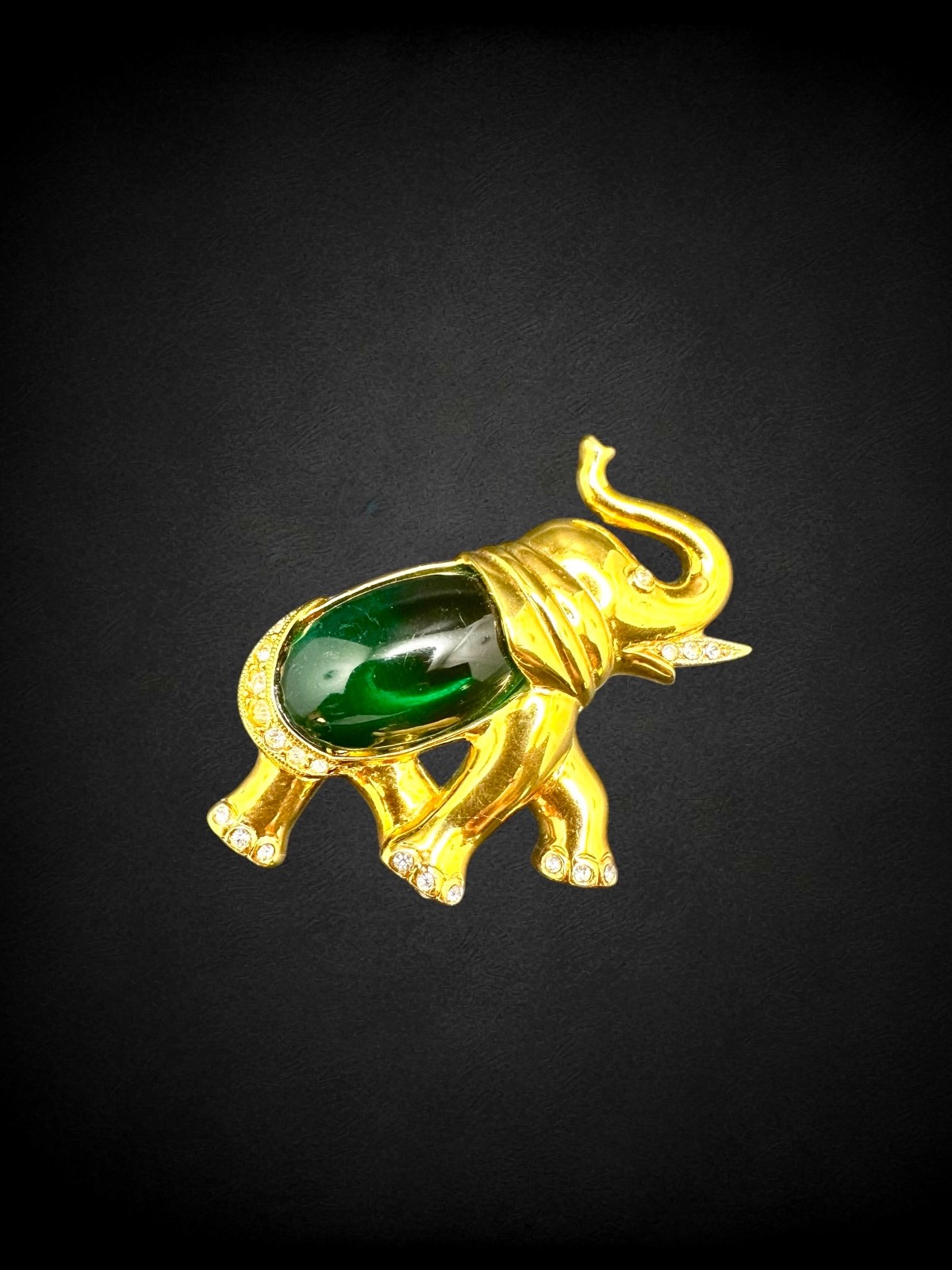 Vintage Marcel Boucher Green Jelly Belly Elephant Brooch Goldtone Rhinestone Pin