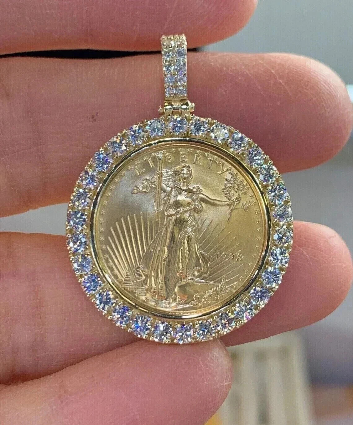 2Ct Round Cut Lab Created Diamond Liberty Coin Pendant 14K Yellow Gold Plated