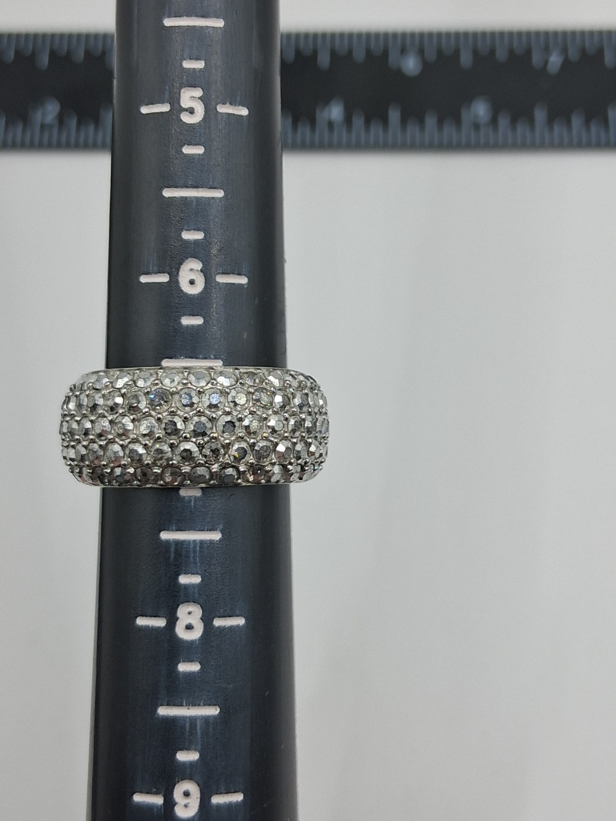 Joan Boyce Silver Tone Ring Metallic Silver Rhinestones 10mm Wide Size 6.75