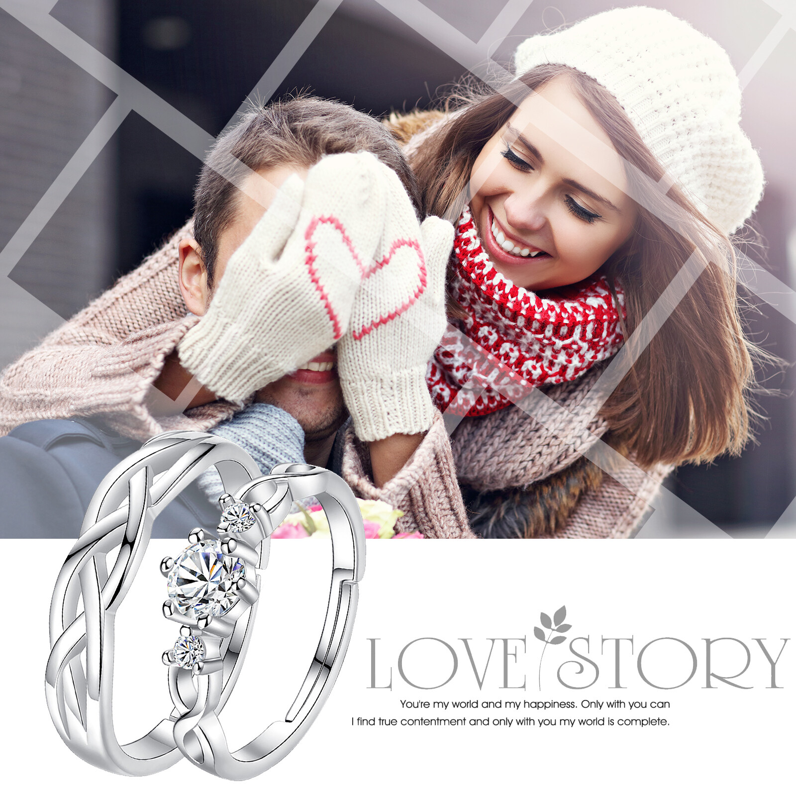 2pc Couple His&Hers Wedding Ring Engagement Promise Stainless Steel CZ Open Band
