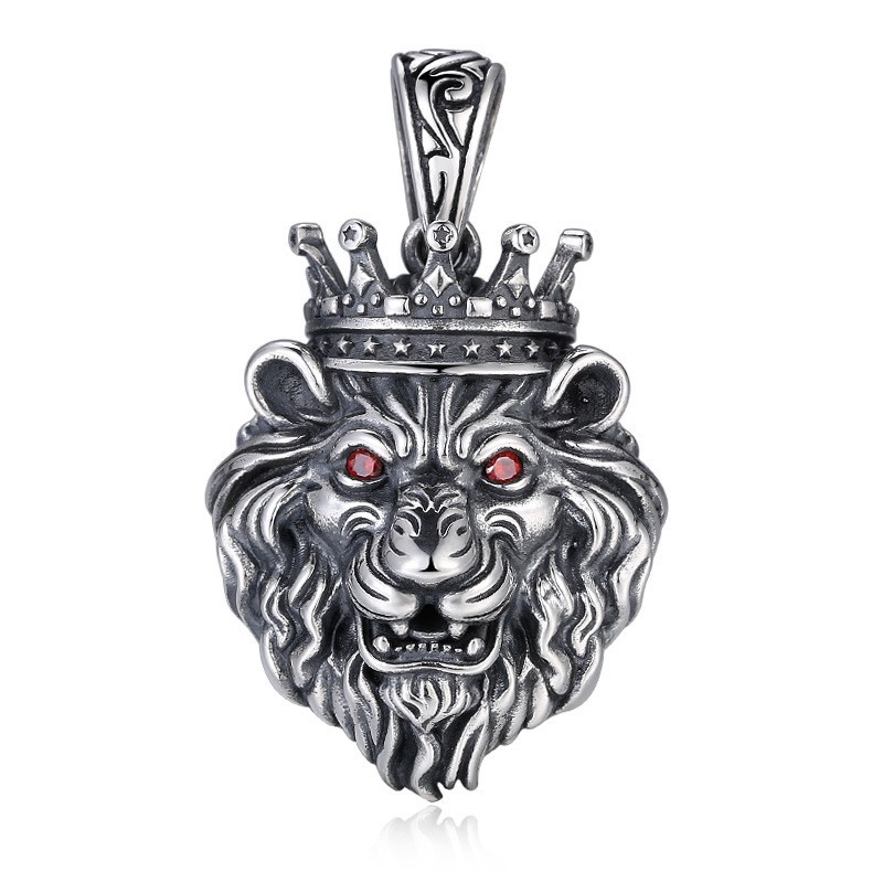 Calm Lion king Crown Animal Jungle Leo Men Cubic Zirconia Pendant silver-plate