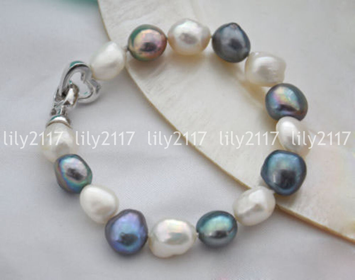 Natural 9-10mm Akoya Baroque White Peacock Black Freshwater Pearl Bracelet 8″