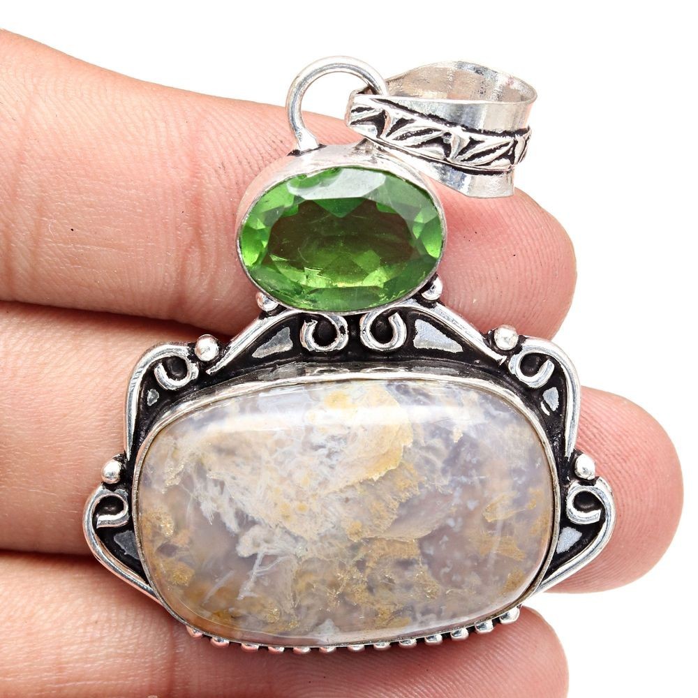 Pendant Stick Agate Peridot Quartz Gemstone Handmade Silver Jewelry 2″