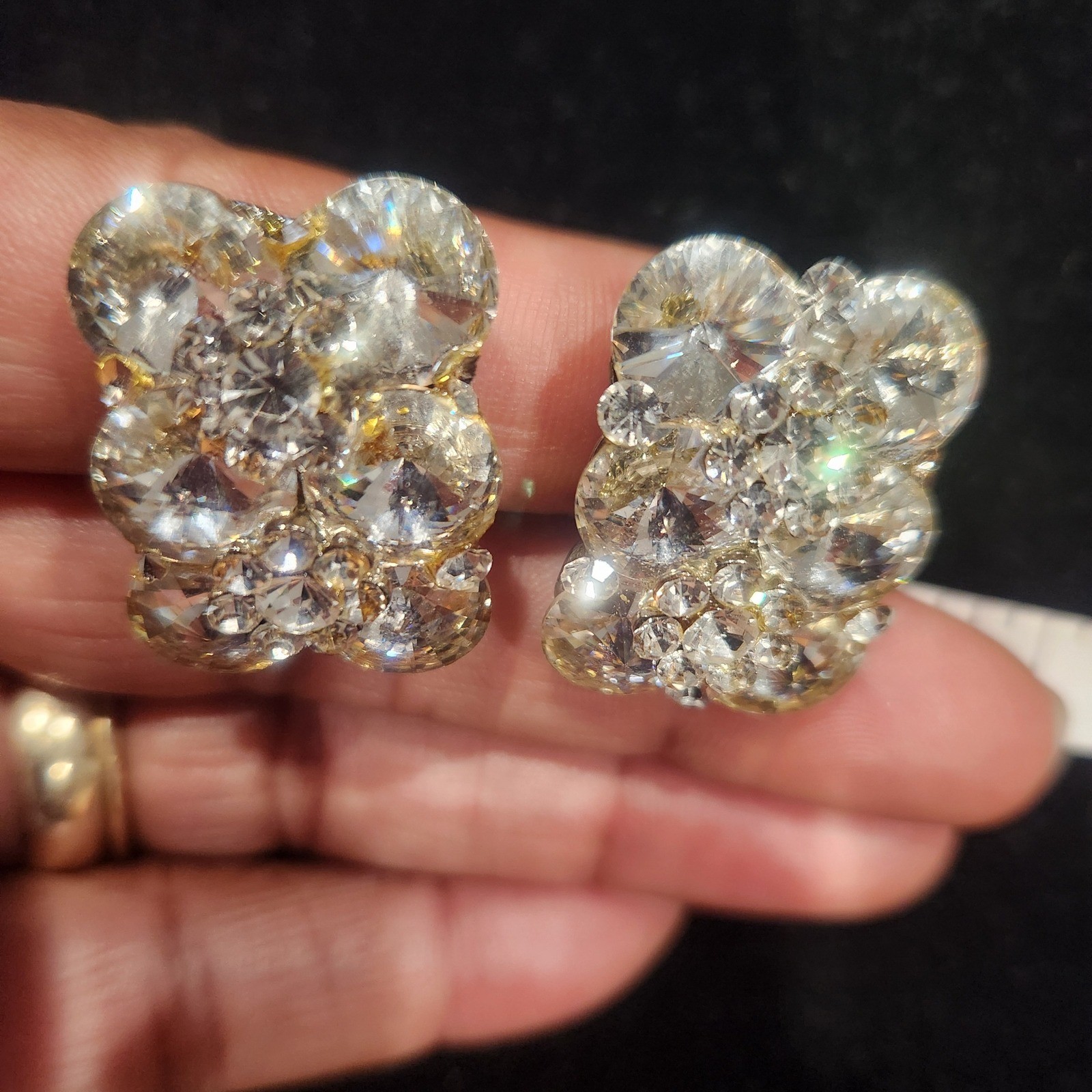 Vintage Clear Crystal Cluster Clip On Earrings Silver Tone Scalloped Statement