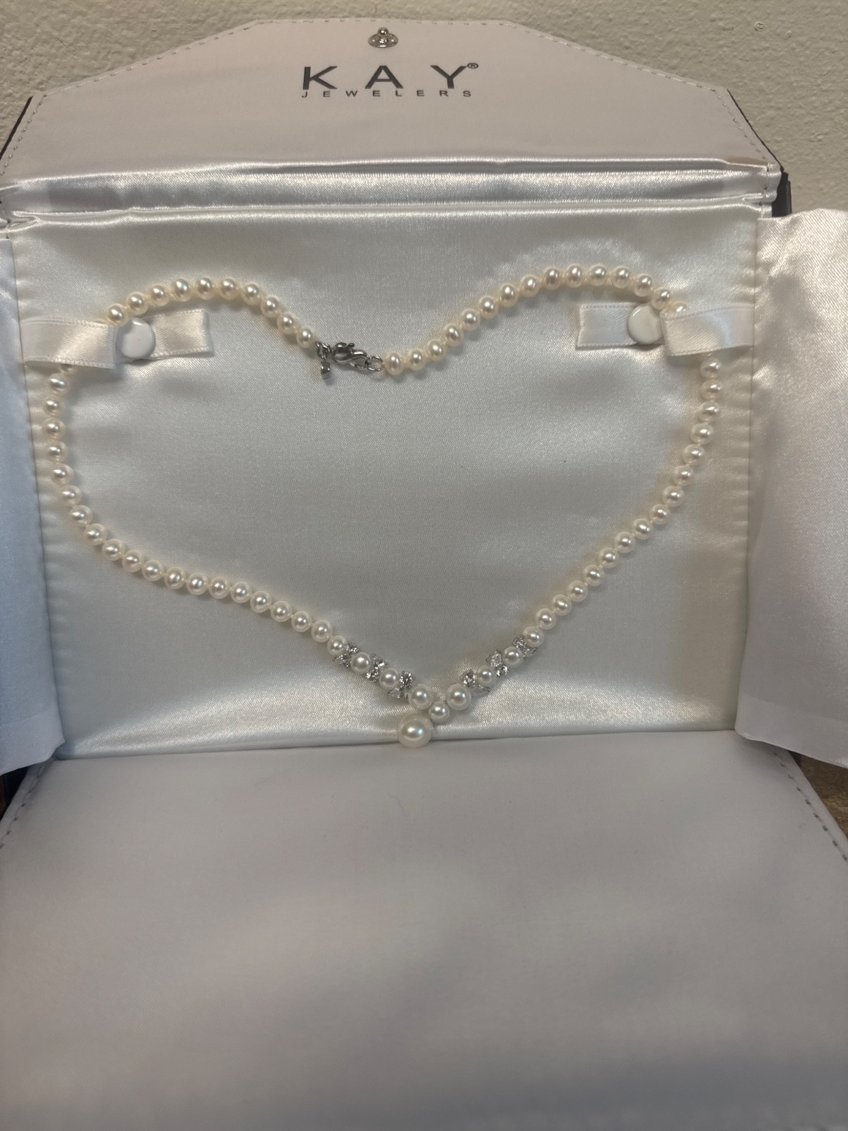 Kay Jewelers Silver Pendant Necklace White Round Pearl CZ Bead Chain