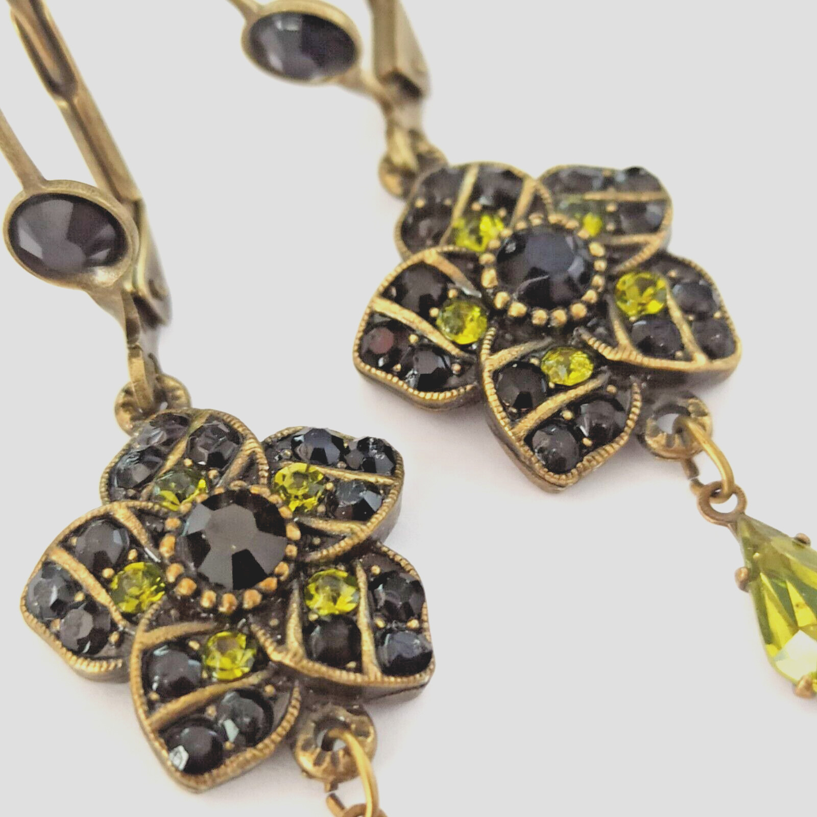 Michal Negrin Earrings Black Olive Green Crystal Floral Dangle Victorian Revival