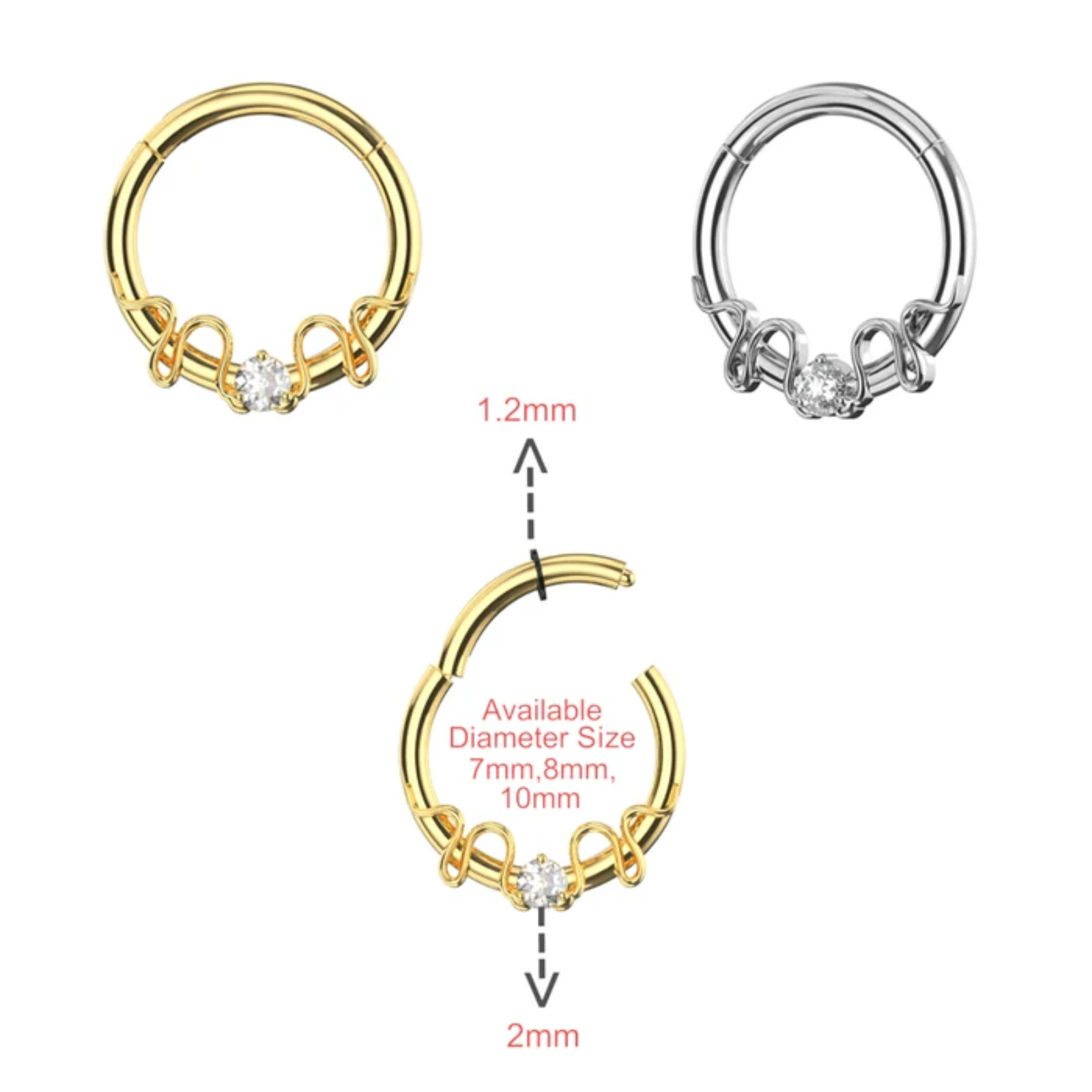 316L Surgical Steel Round CZ Duo Snake Hinged Segment Clicker Nose Septum Ring